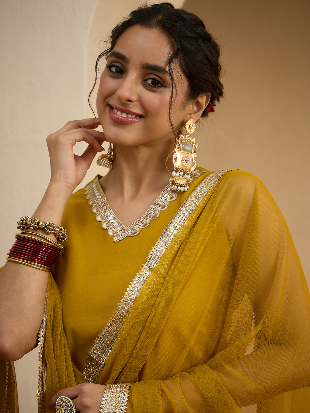 Janasya Women's Yellow Chanderi Silk Embellished Straight Kurta With Sharara and Dupatta Set