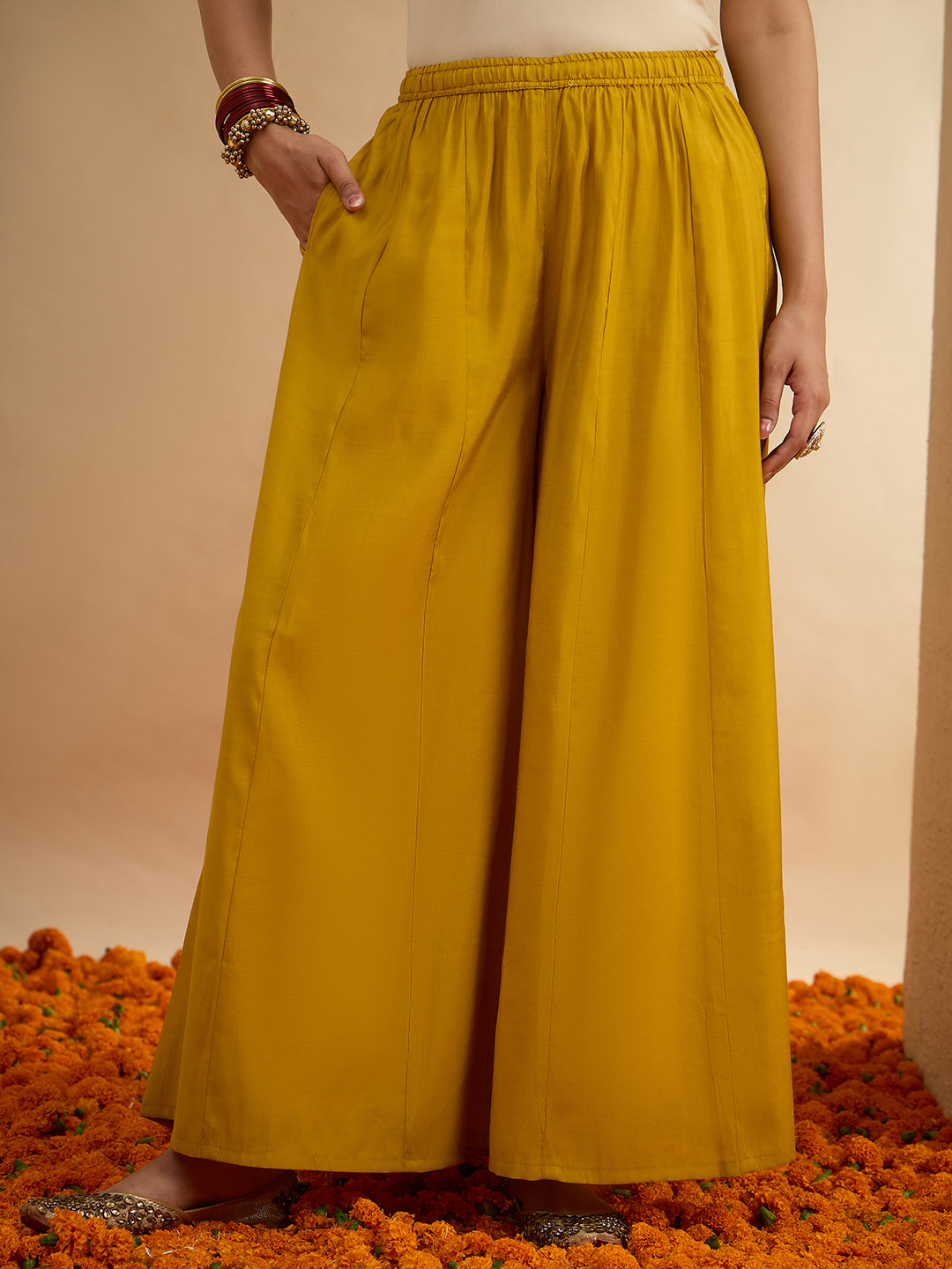 Janasya Women's Yellow Chanderi Silk Embellished Straight Kurta With Sharara and Dupatta Set