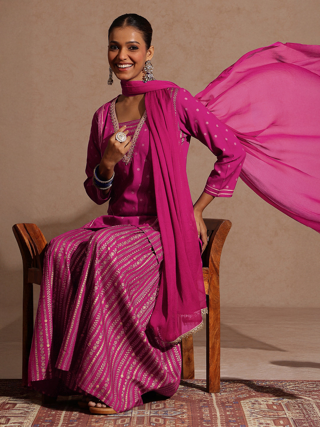 Janasya Women's Pink Rayon Gold Foil Printed Kurti With Sharara & Dupatta Set