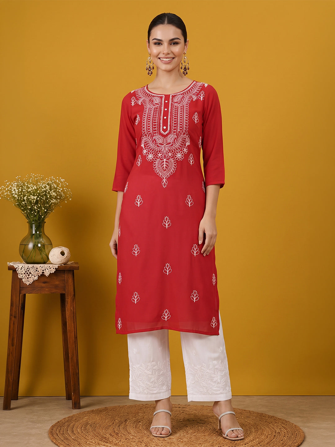 Janasya Women's Maroon Georgette Embroidered Straight Kurta