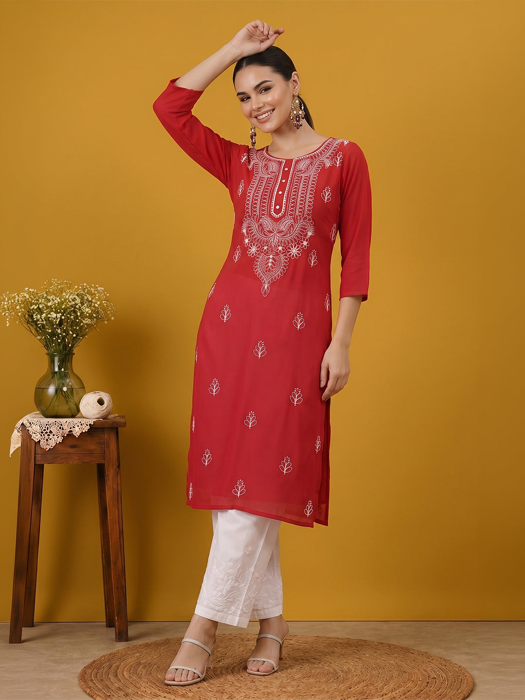 Janasya Women's Maroon Georgette Embroidered Straight Kurta