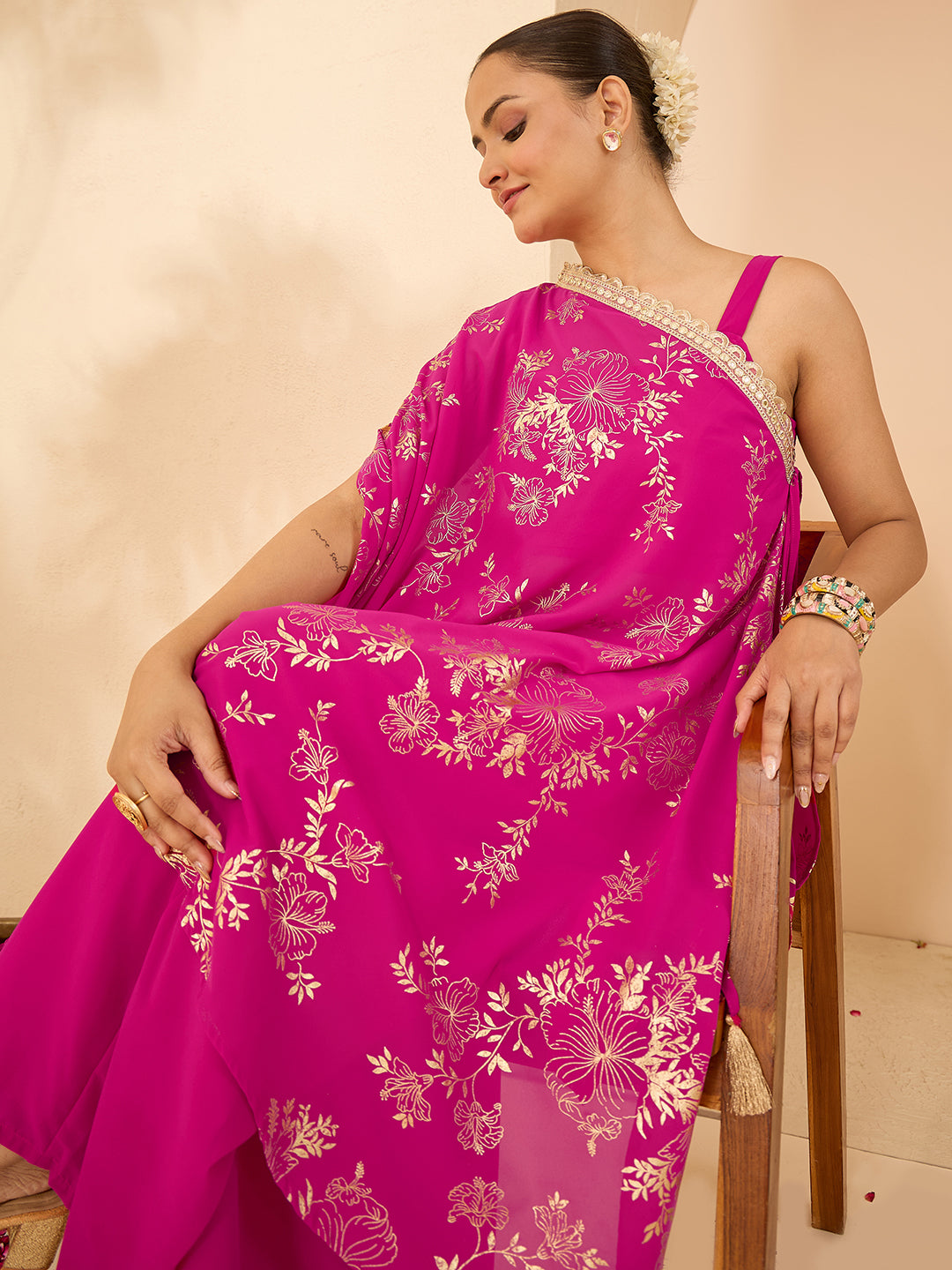Janasya Women's Pink Embellished Gold Printed Crop Top With Palazzo & Tie-up Cape Set