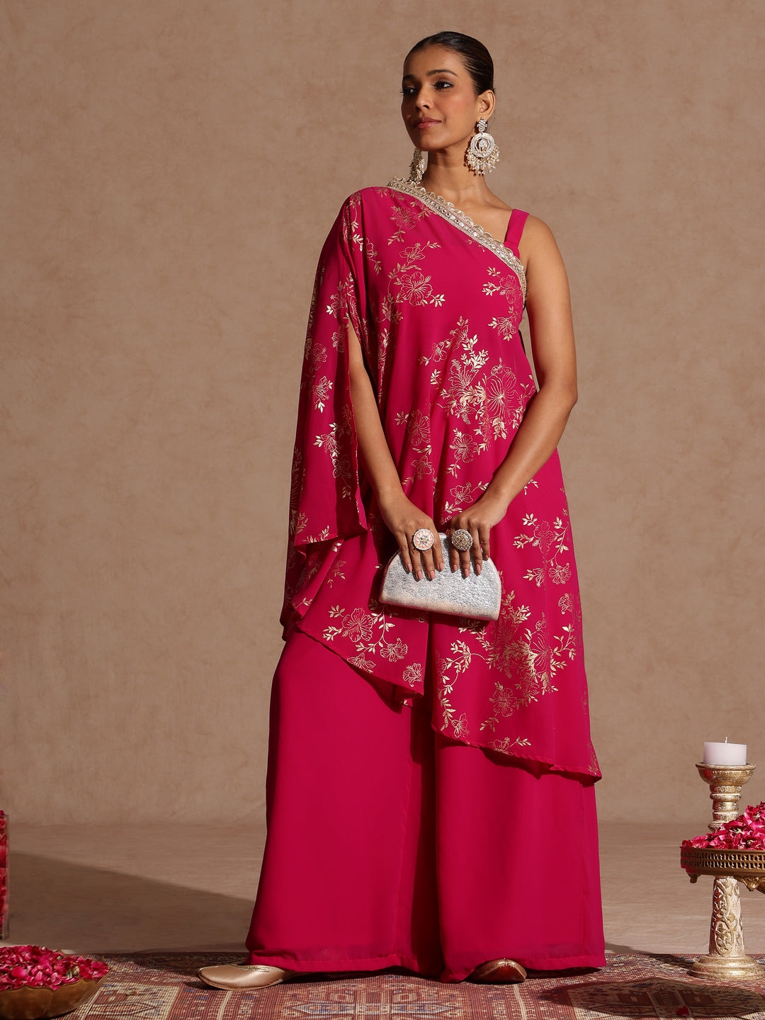 Janasya Women's Pink Embellished Gold Printed Crop Top With Palazzo & Tie-up Cape Set