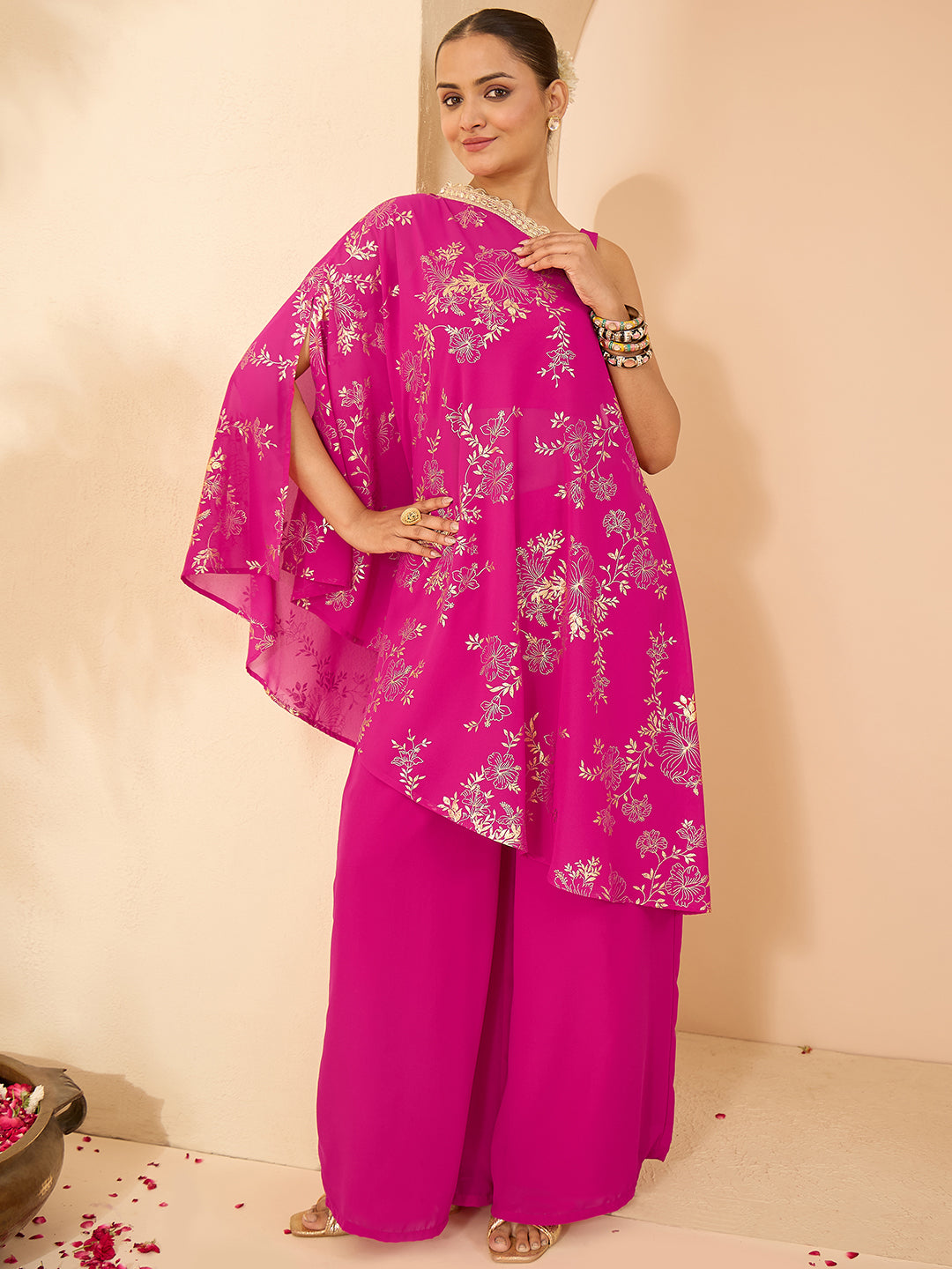 Janasya Women's Pink Embellished Gold Printed Crop Top With Palazzo & Tie-up Cape Set