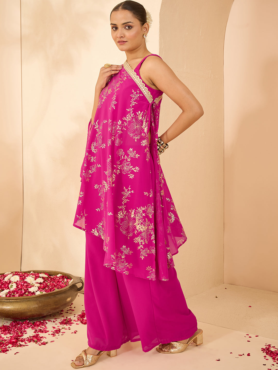Janasya Women's Pink Embellished Gold Printed Crop Top With Palazzo & Tie-up Cape Set