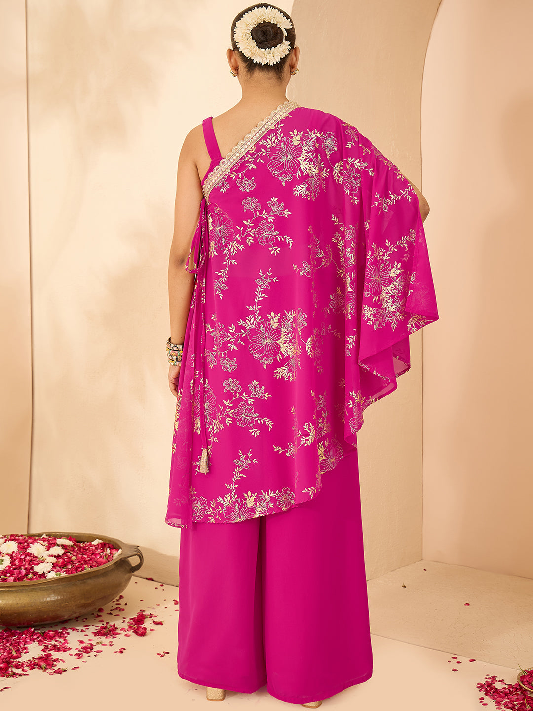 Janasya Women's Pink Embellished Gold Printed Crop Top With Palazzo & Tie-up Cape Set