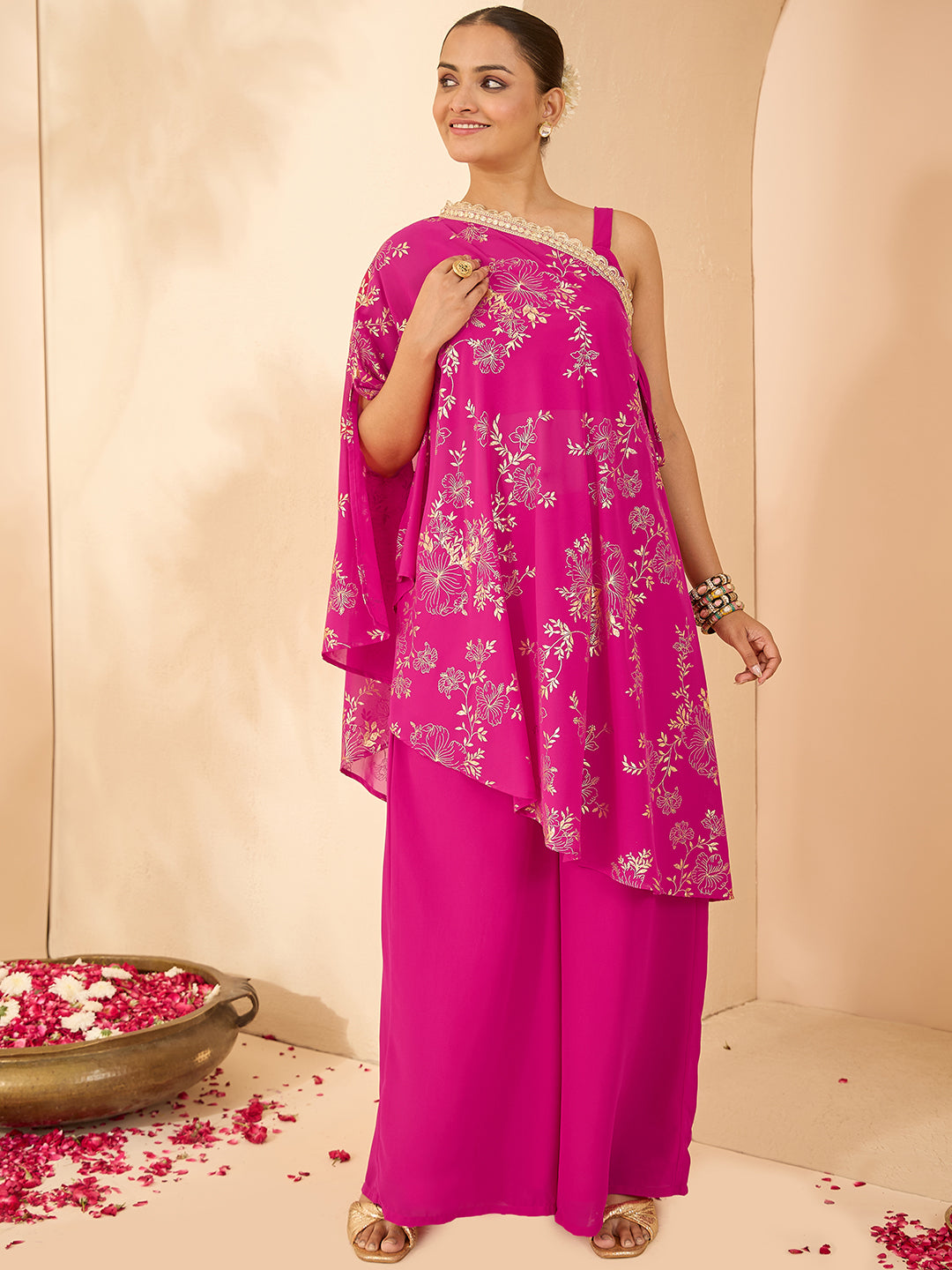 Janasya Women's Pink Embellished Gold Printed Crop Top With Palazzo & Tie-up Cape Set