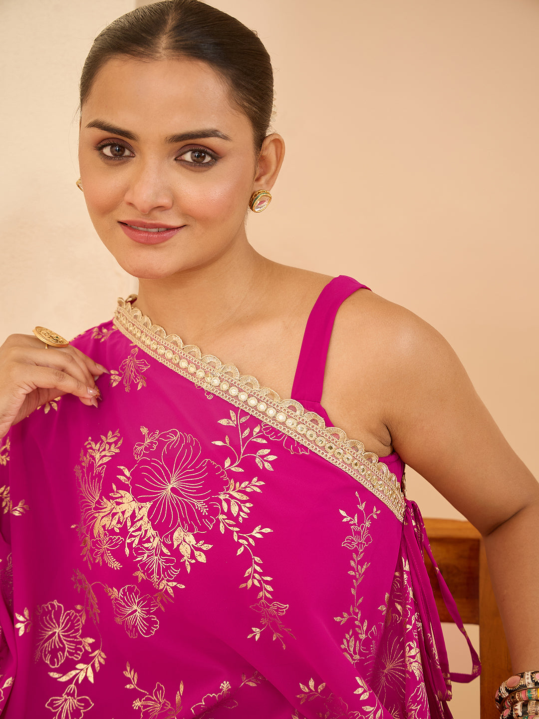 Janasya Women's Pink Embellished Gold Printed Crop Top With Palazzo & Tie-up Cape Set