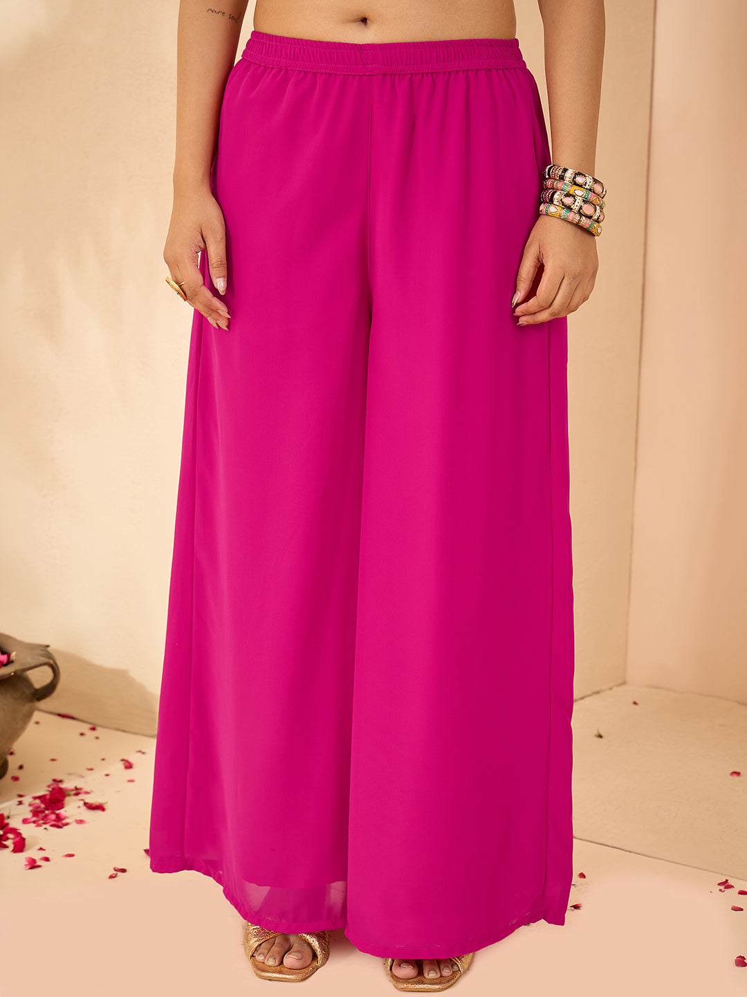 Janasya Women's Pink Embellished Gold Printed Crop Top With Palazzo & Tie-up Cape Set