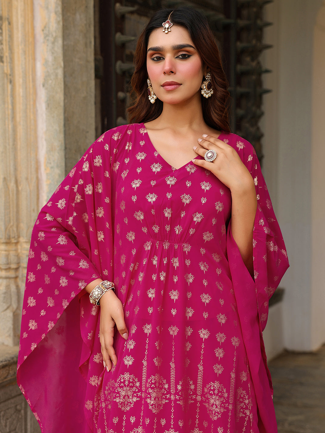 Janasya Women's Pink Georgette Foil Printed Kaftan Kurta With Palazzo Set