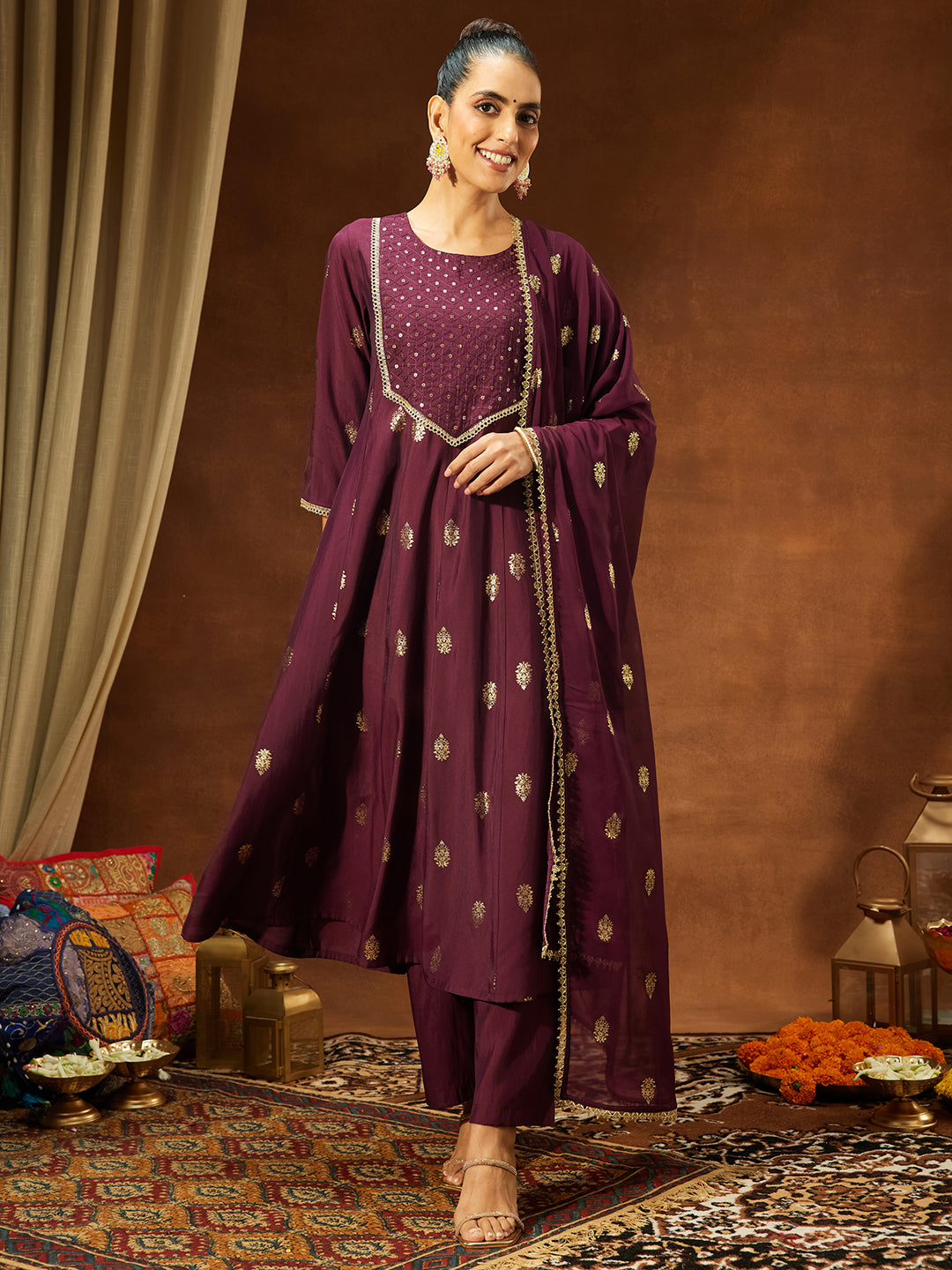 Janasya Women's Wine Chanderi Silk Embellished Gold Printed Anarkali Kurta Set