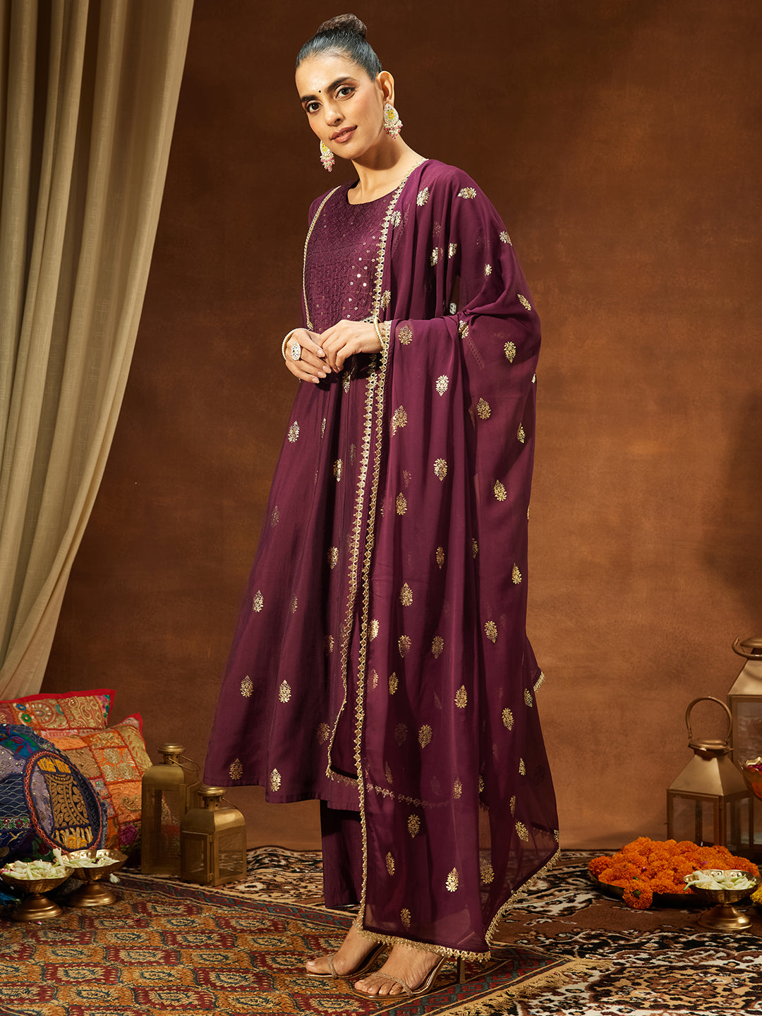 Janasya Women's Wine Chanderi Silk Embellished Gold Printed Anarkali Kurta Set