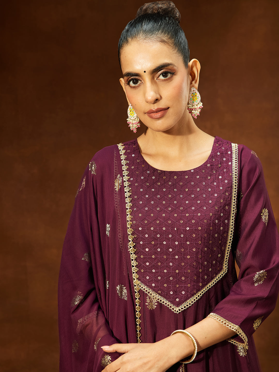 Janasya Women's Wine Chanderi Silk Embellished Gold Printed Anarkali Kurta Set