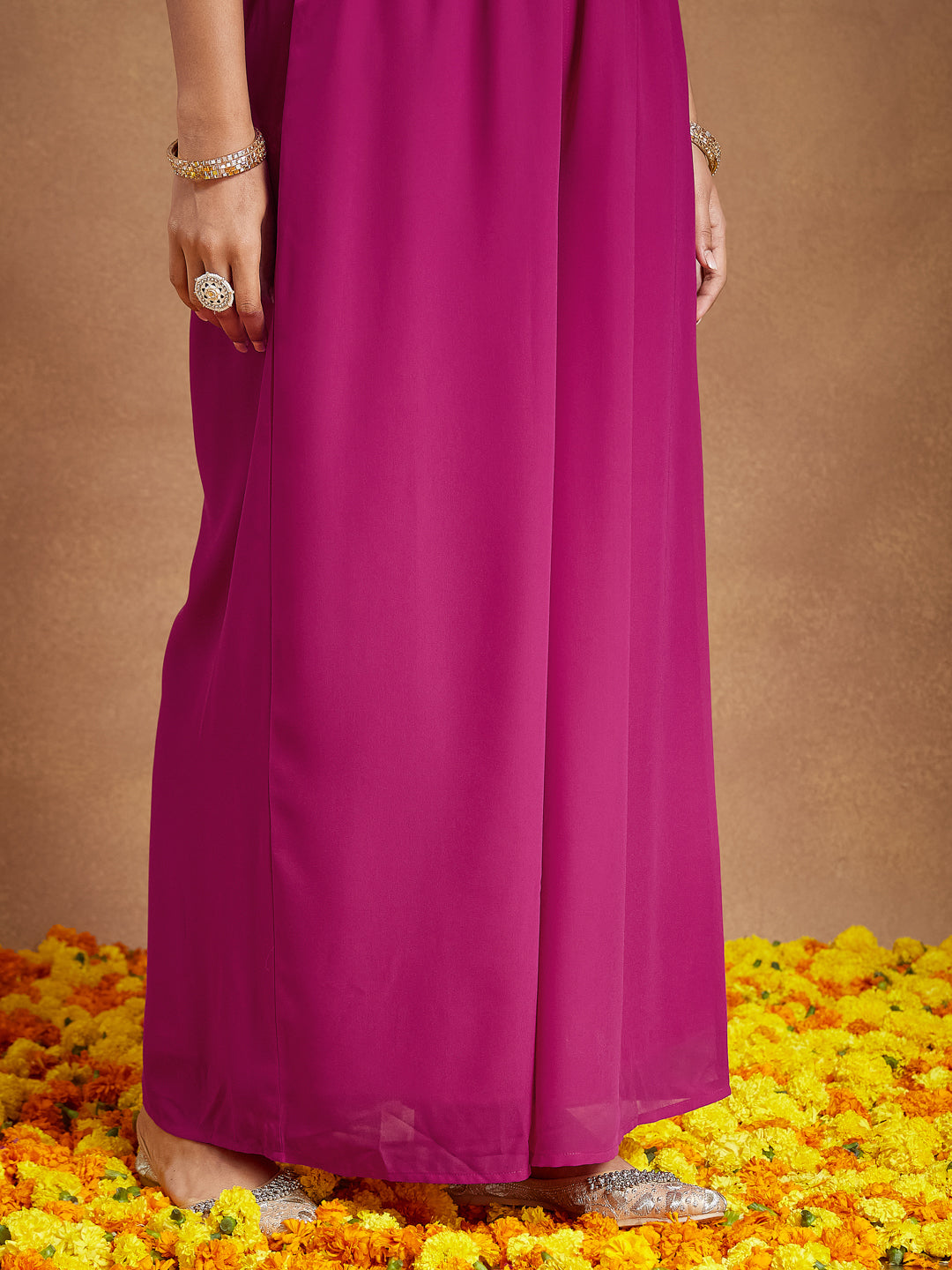Janasya Women's Pink Georgette Sequined Front Slit Kurta With Crop Top Palazzo Set