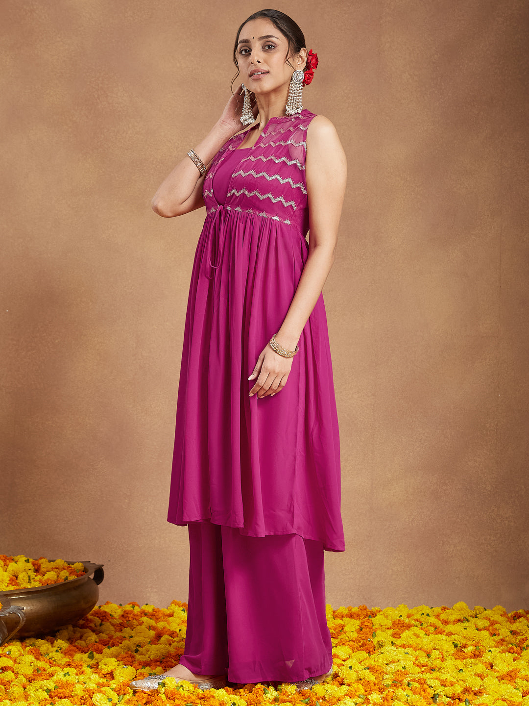 Janasya Women's Pink Georgette Sequined Front Slit Kurta With Crop Top Palazzo Set