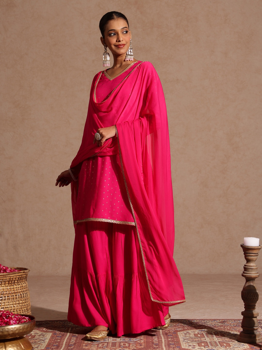 Janasya Women's Pink Rayon Embellished Gold Printed Straight Kurta With Sharara & Dupatta Set