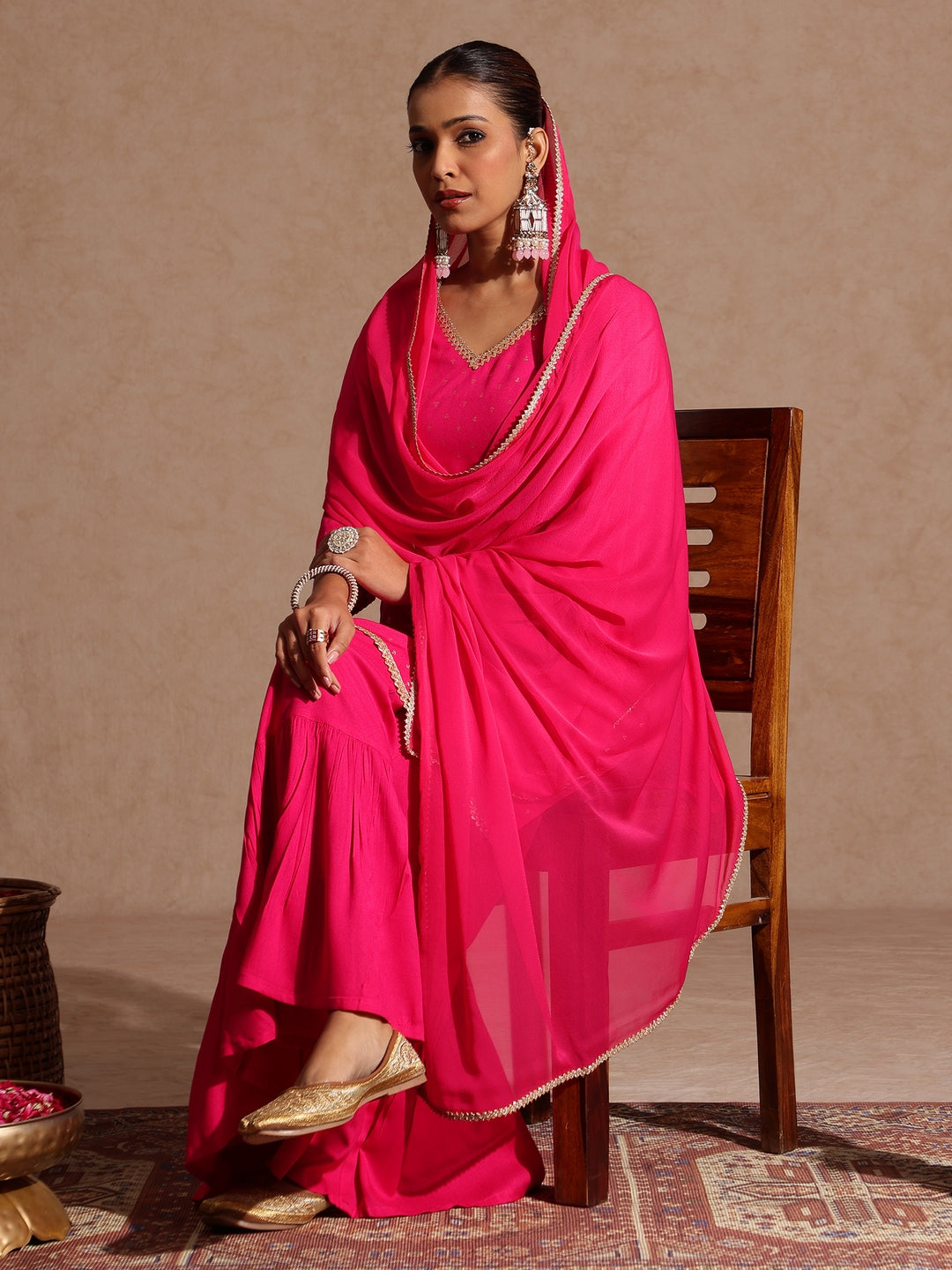 Janasya Women's Pink Rayon Embellished Gold Printed Straight Kurta With Sharara & Dupatta Set