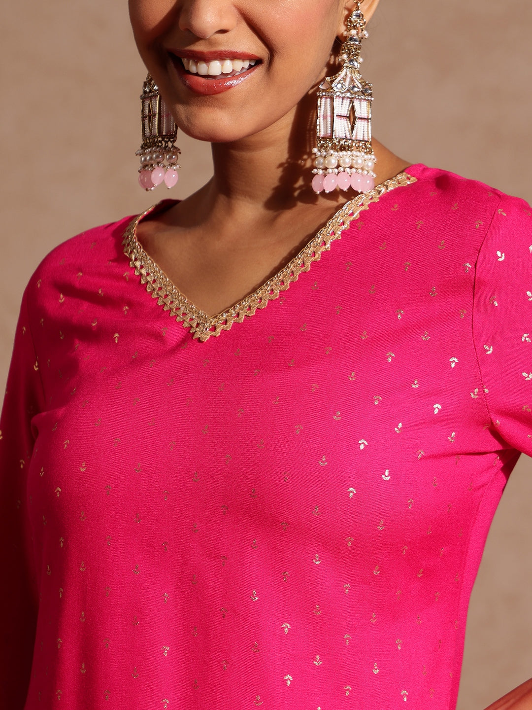 Janasya Women's Pink Rayon Embellished Gold Printed Straight Kurta With Sharara & Dupatta Set