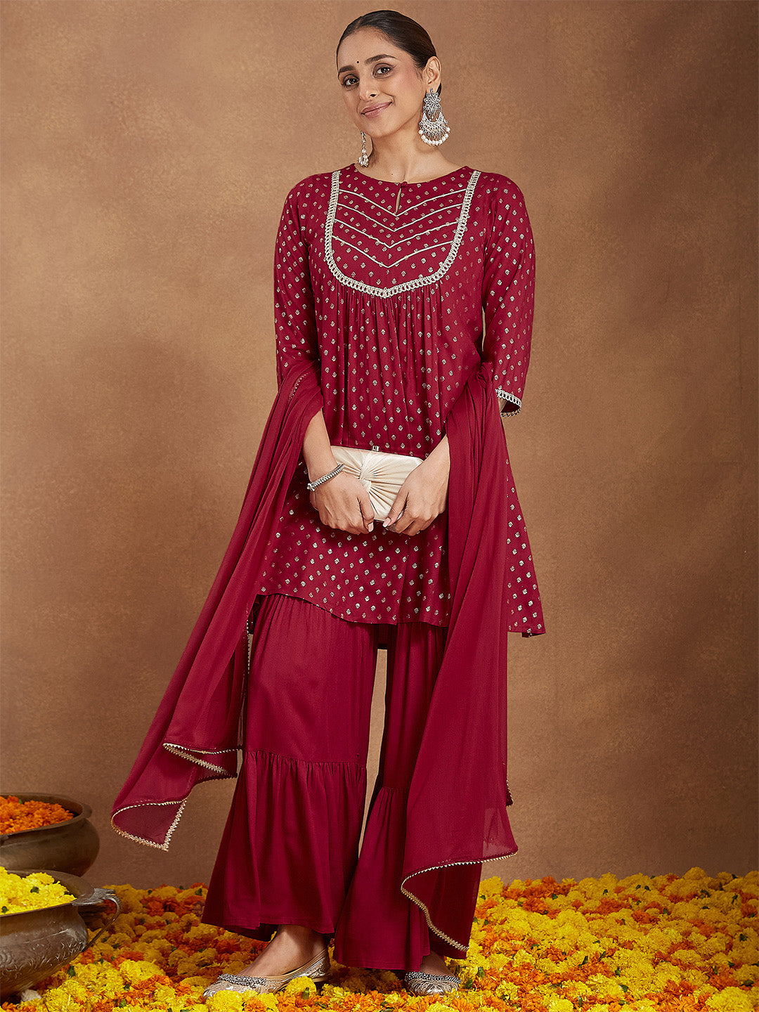 Janasya Women's Maroon Rayon Foil Printed Embellished A-line Kurta With Sharara & Dupatta Set