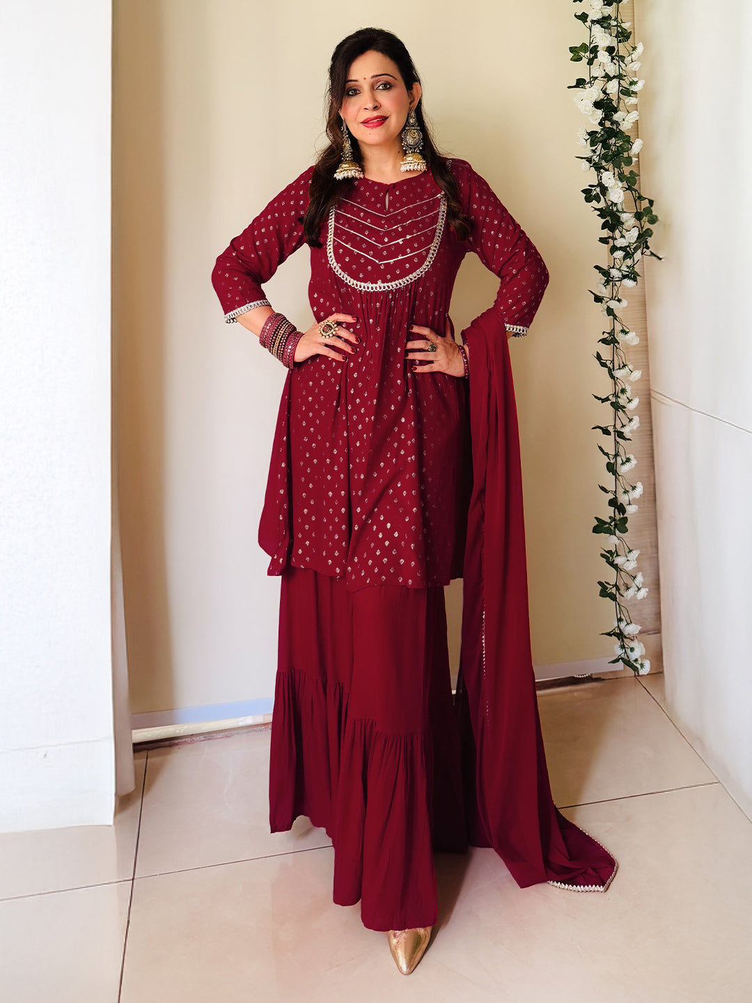 Janasya Women's Maroon Rayon Foil Printed Embellished A-line Kurta With Sharara & Dupatta Set