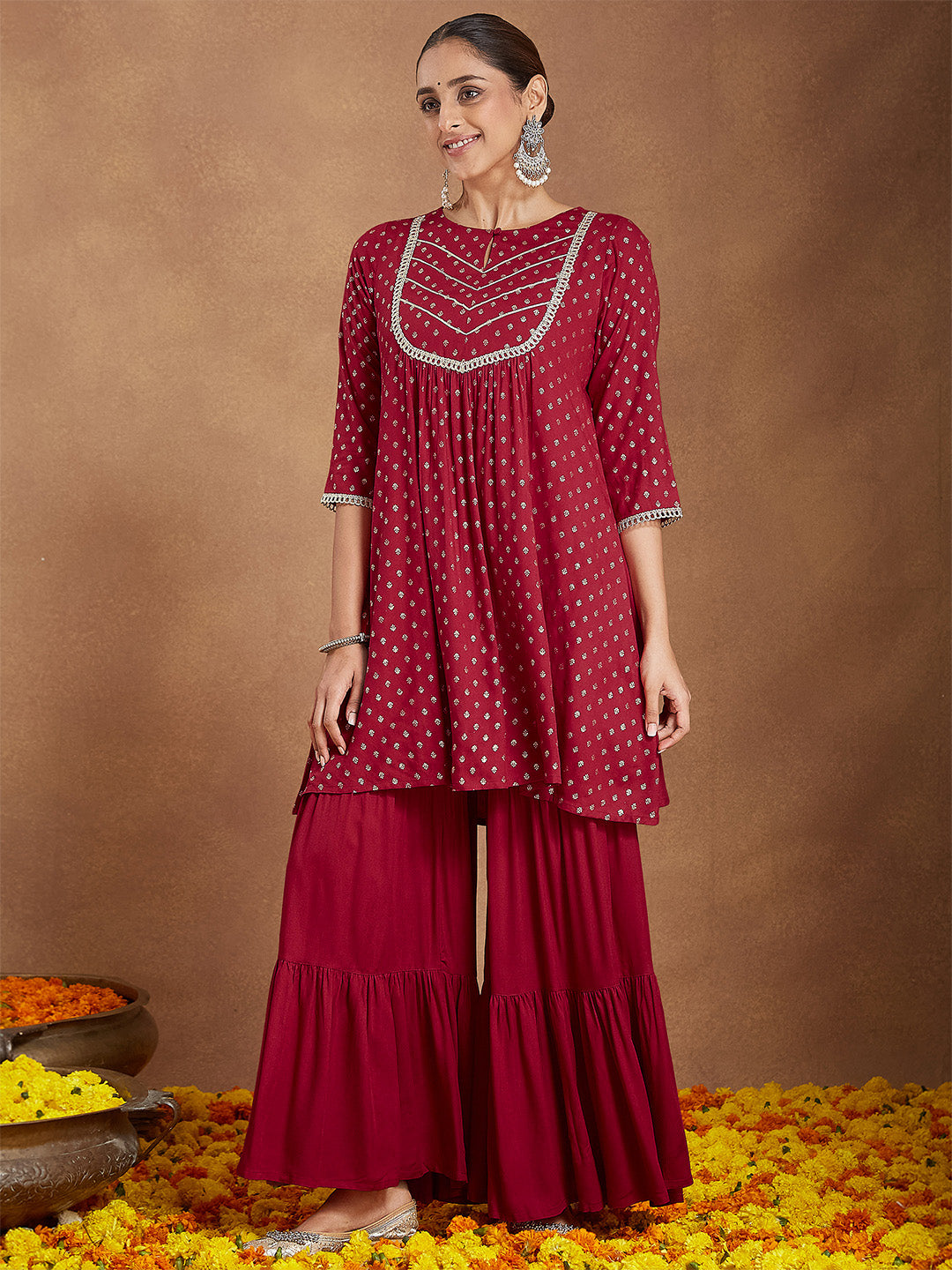 Janasya Women's Maroon Rayon Foil Printed Embellished A-line Kurta With Sharara & Dupatta Set