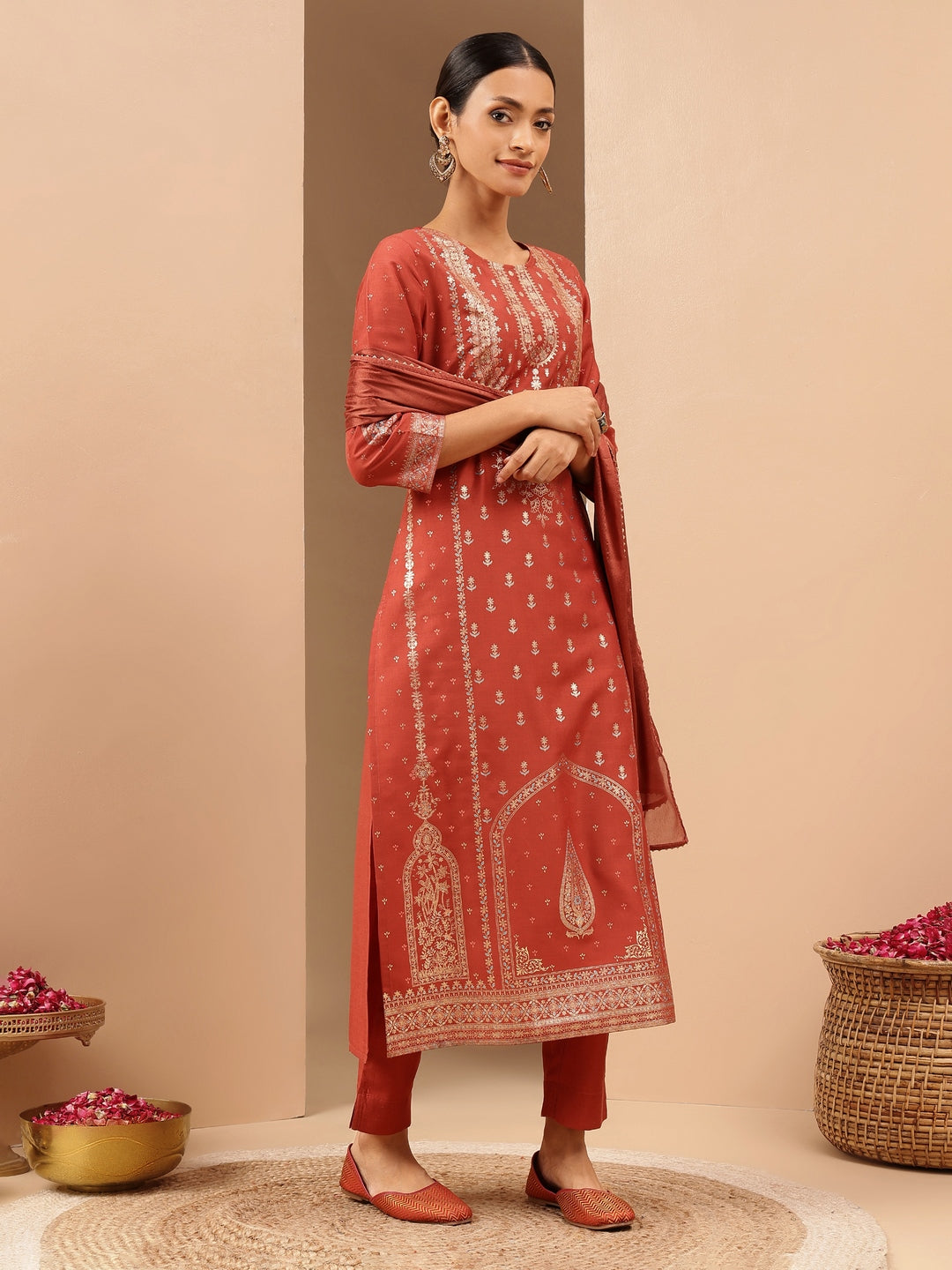 Janasya Women's Rust Silk Blend Ethnic Gold Printed Straight Kurta Set