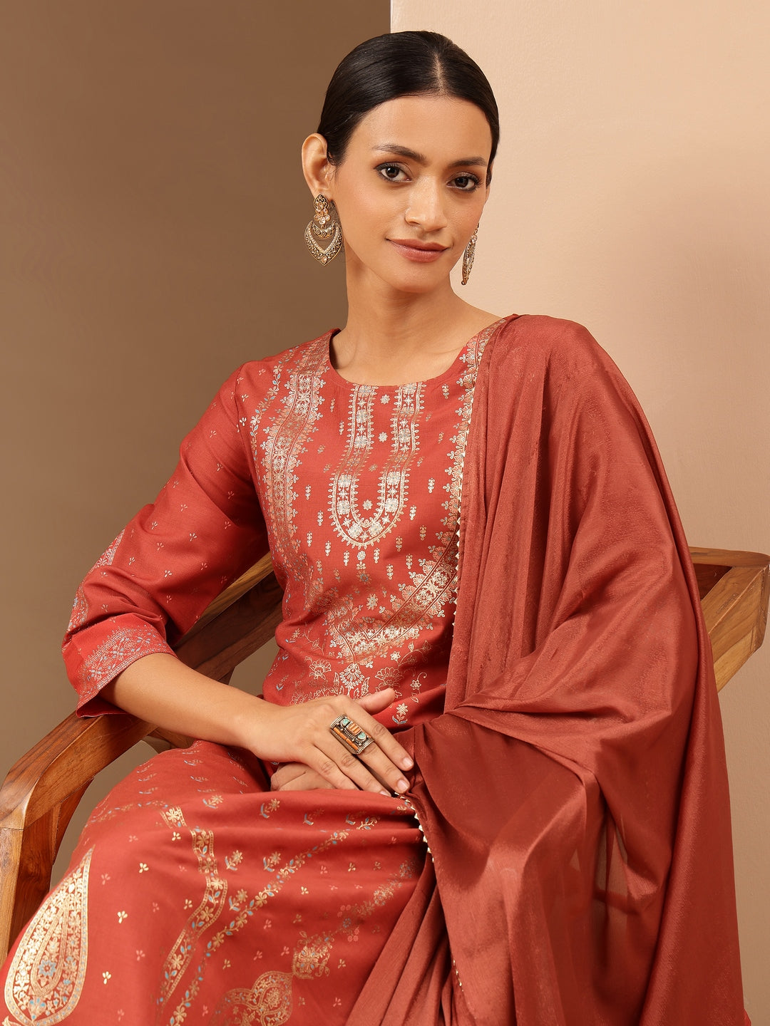 Janasya Women's Rust Silk Blend Ethnic Gold Printed Straight Kurta Set
