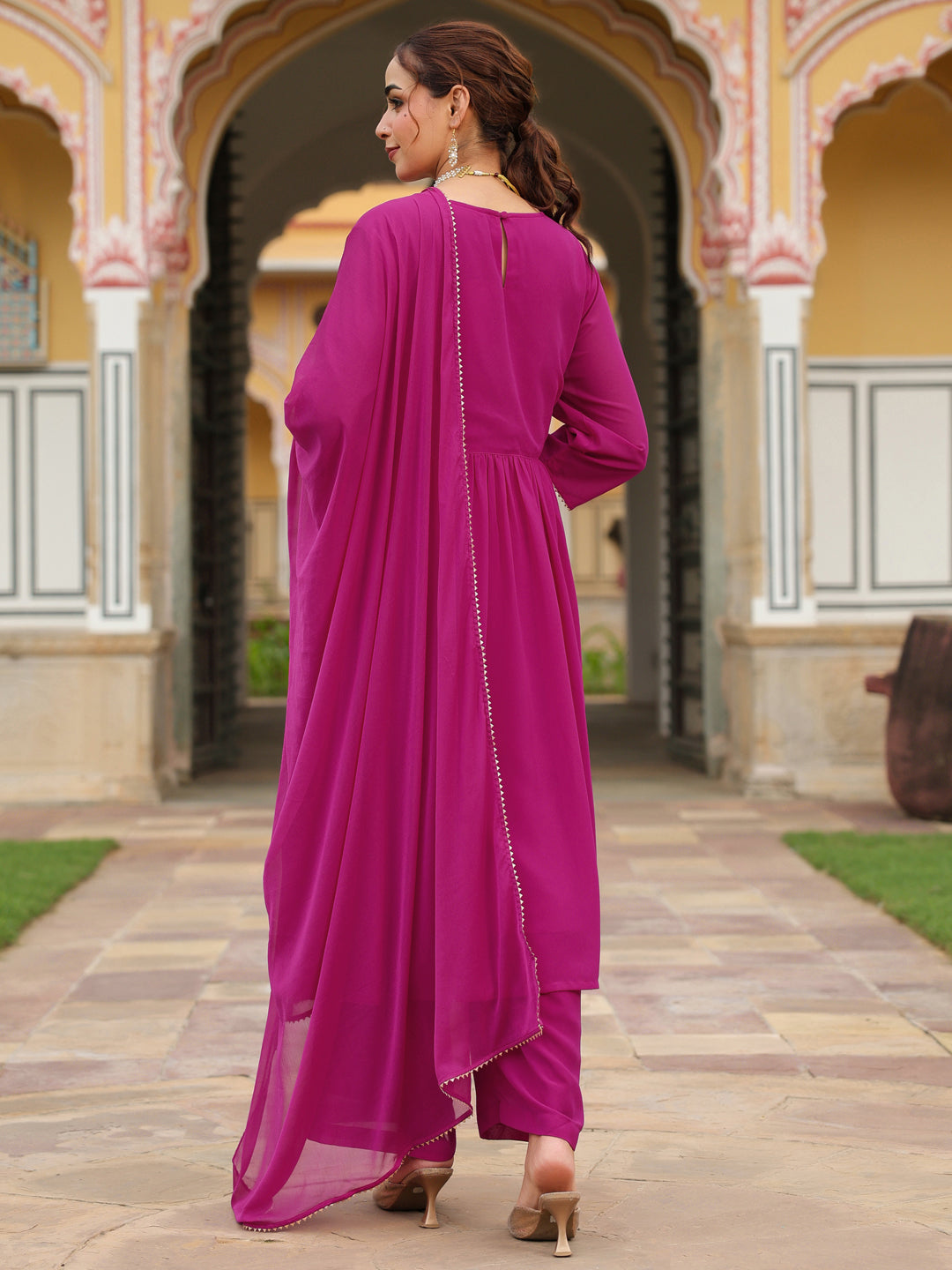 Janasya Women's Pink Georgette Embroidered A-line Kurta With Palazzo Dupatta Set