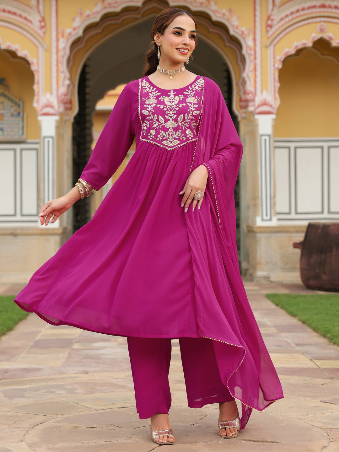 Janasya Women's Pink Georgette Embroidered A-line Kurta With Palazzo Dupatta Set