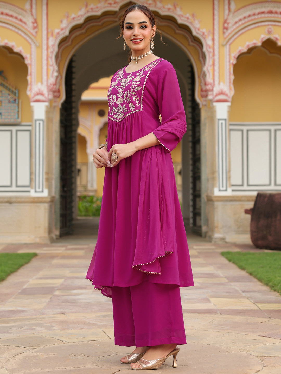 Janasya Women's Pink Georgette Embroidered A-line Kurta With Palazzo Dupatta Set