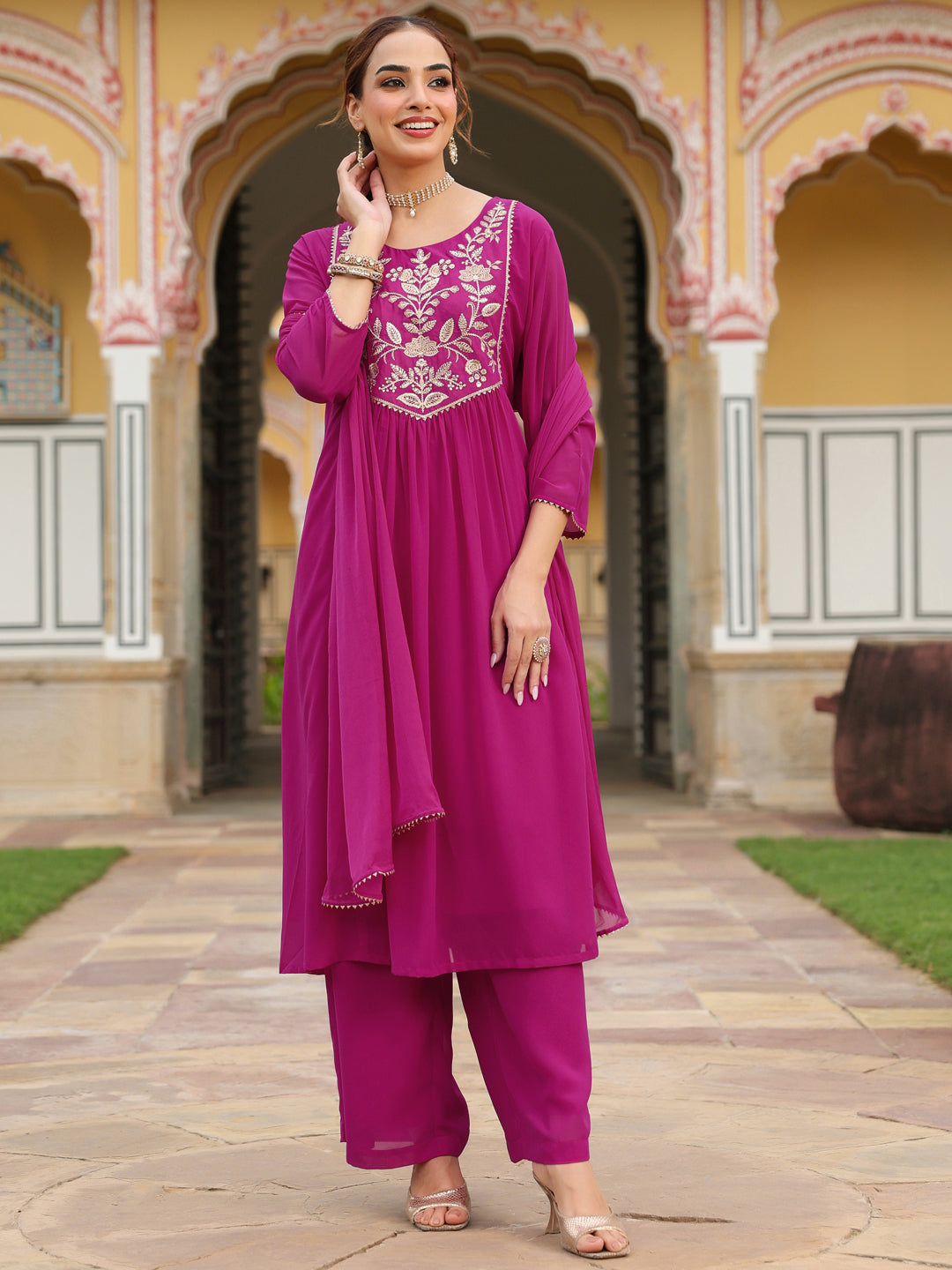 Janasya Women's Pink Georgette Embroidered A-line Kurta With Palazzo Dupatta Set