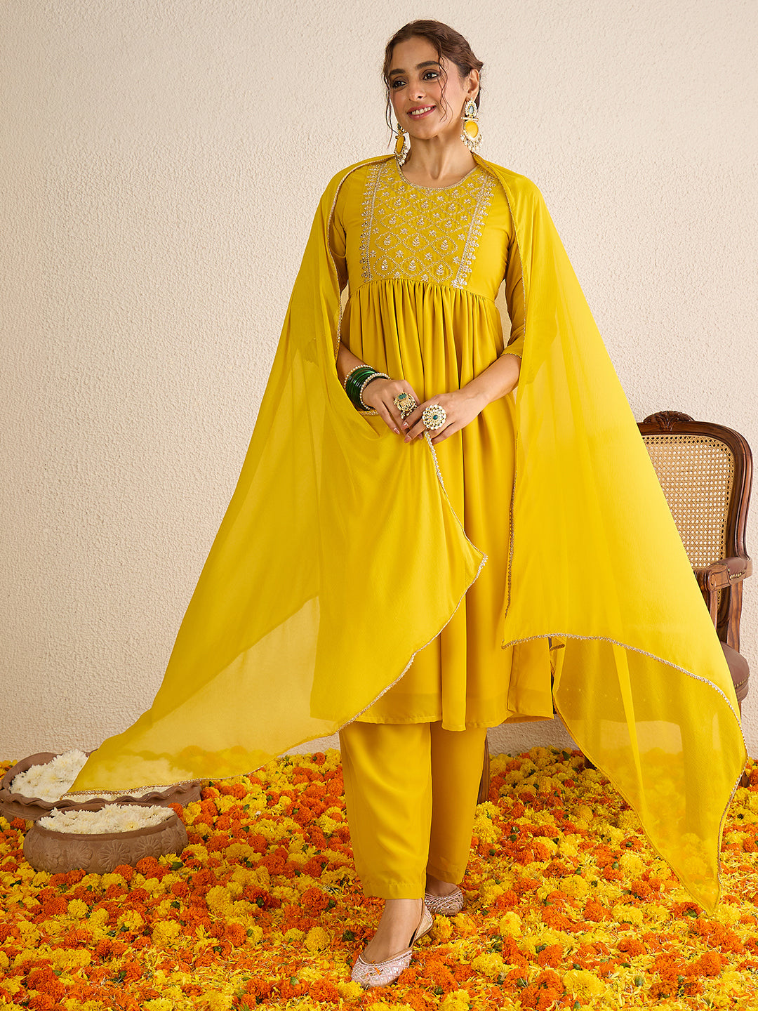 Janasya Women's Mustard Yellow Georgette Floral Zari Yoke Embroidered A-Line Kurta Set