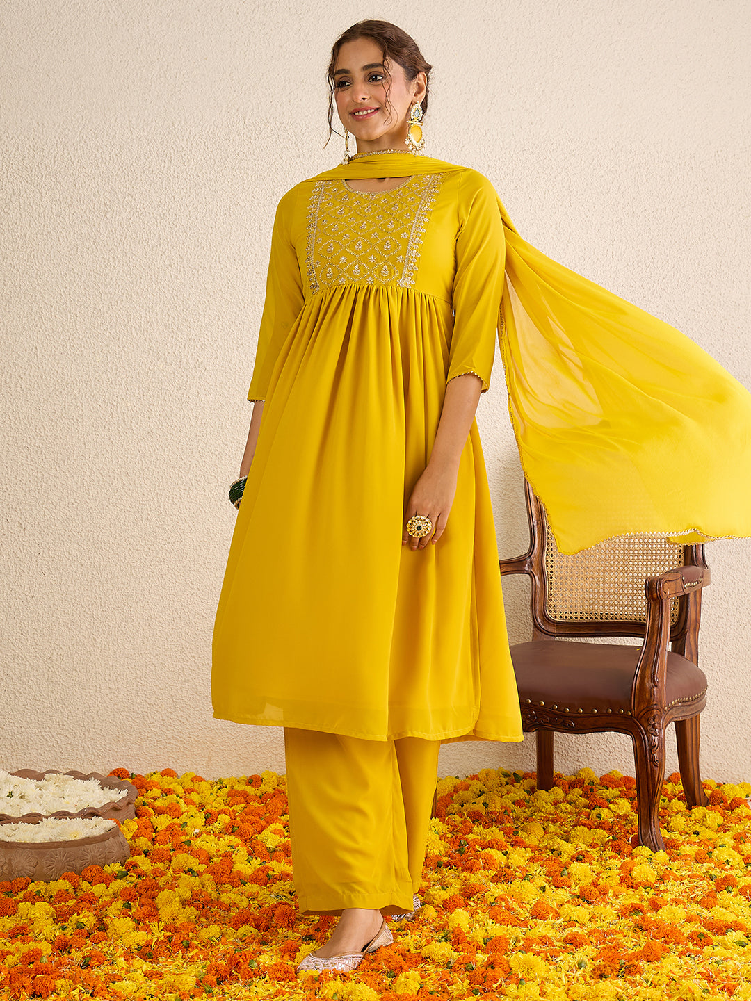 Janasya Women's Mustard Yellow Georgette Floral Zari Yoke Embroidered A-Line Kurta Set