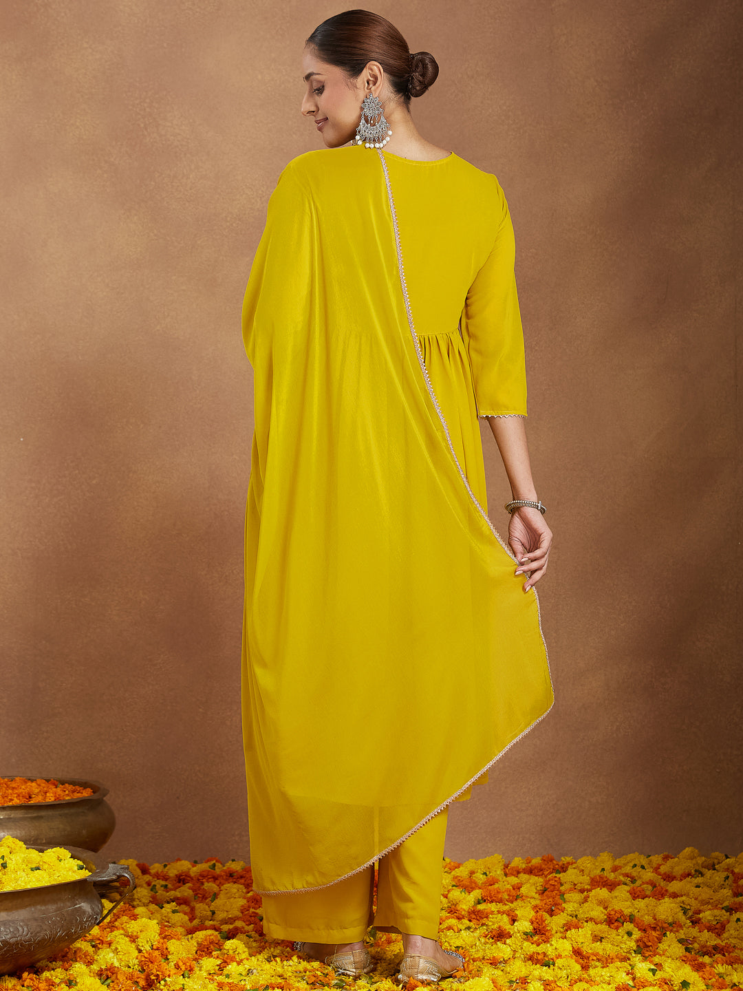 Janasya Women's Mustard Georgette Zari Yoke Embroidery A-line Kurta With Palazzo & Dupatta Set
