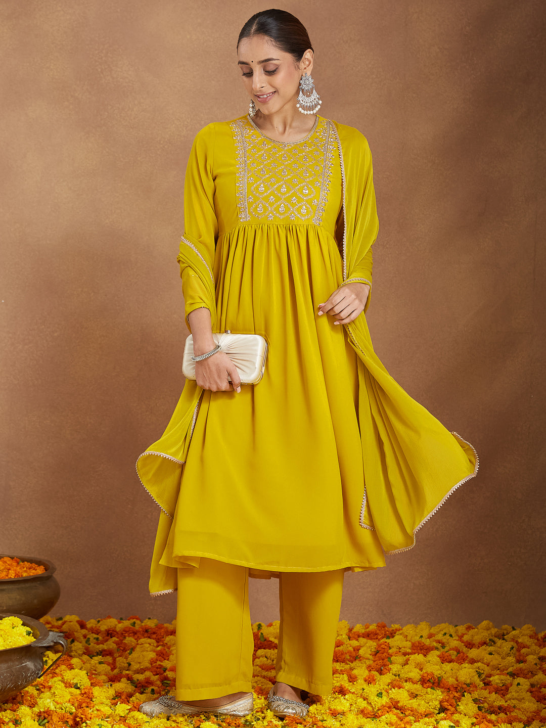 Janasya Women's Mustard Georgette Zari Yoke Embroidery A-line Kurta With Palazzo & Dupatta Set