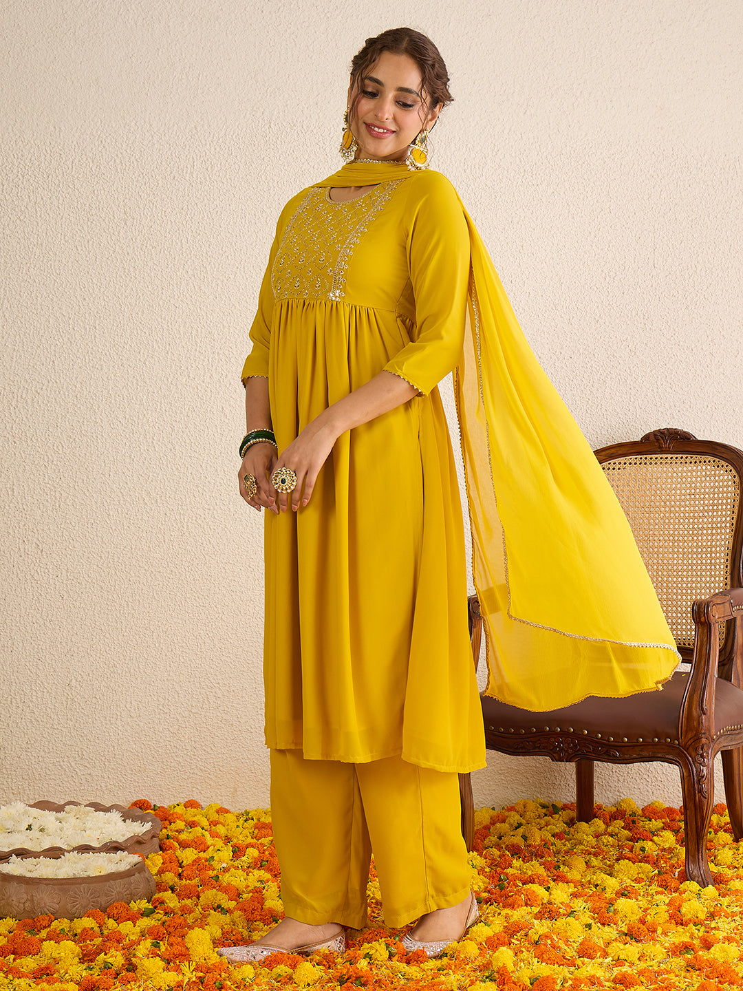 Janasya Women's Mustard Yellow Georgette Floral Zari Yoke Embroidered A-Line Kurta Set