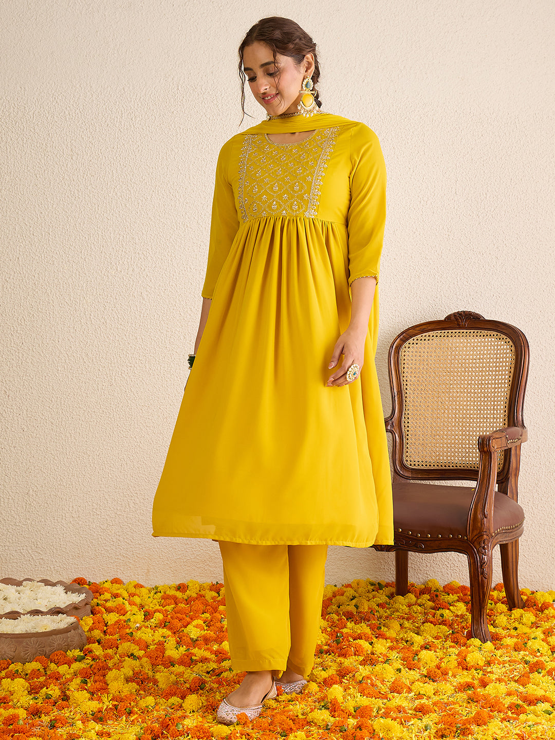 Janasya Women's Mustard Yellow Georgette Floral Zari Yoke Embroidered A-Line Kurta Set