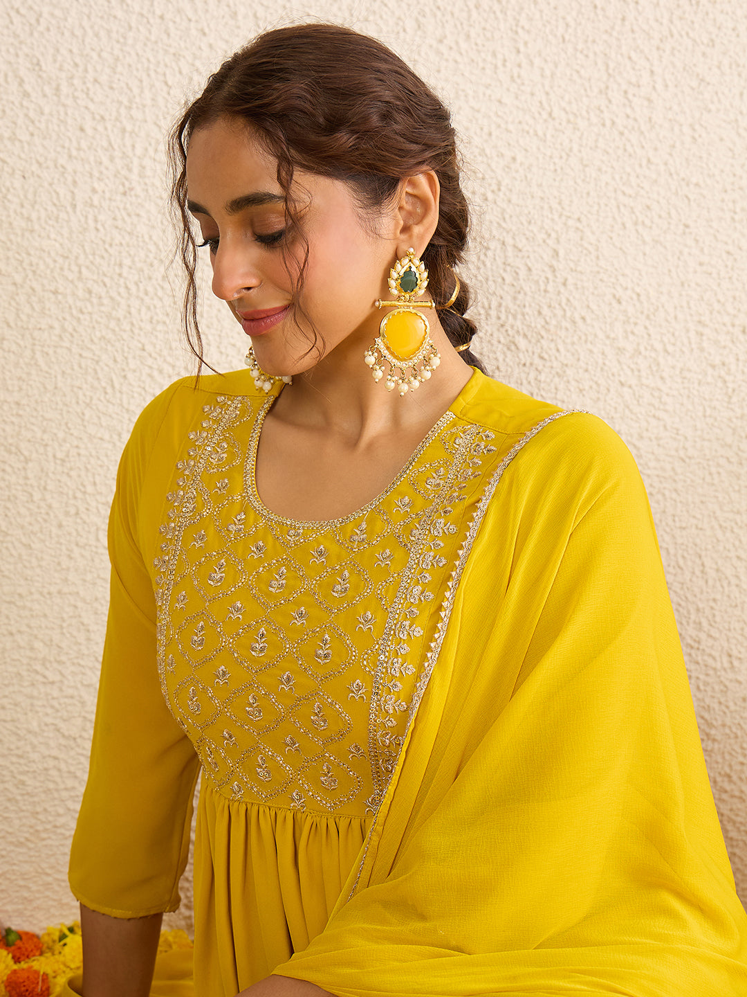 Janasya Women's Mustard Yellow Georgette Floral Zari Yoke Embroidered A-Line Kurta Set
