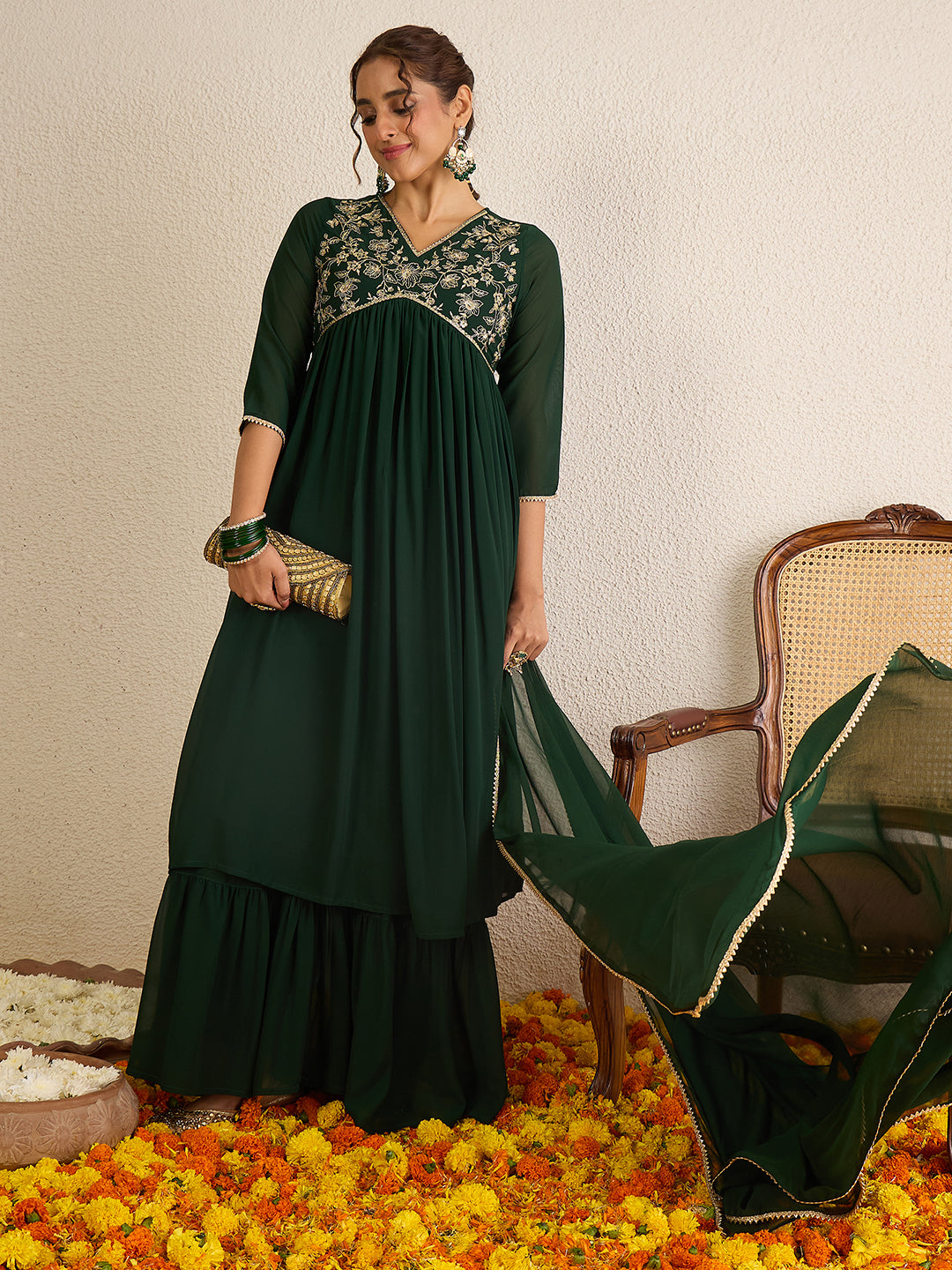 Janasya Women's Bottle Green Georgette Floral Zari Yoke Embroidered A-Line Kurta Set