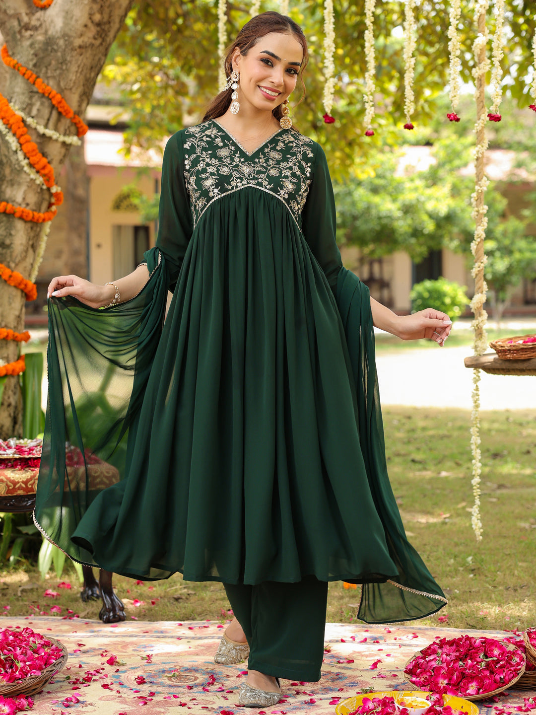 Janasya Women's Bottle Green Georgette Zari Yoke Embroidered A-line Kurta Set
