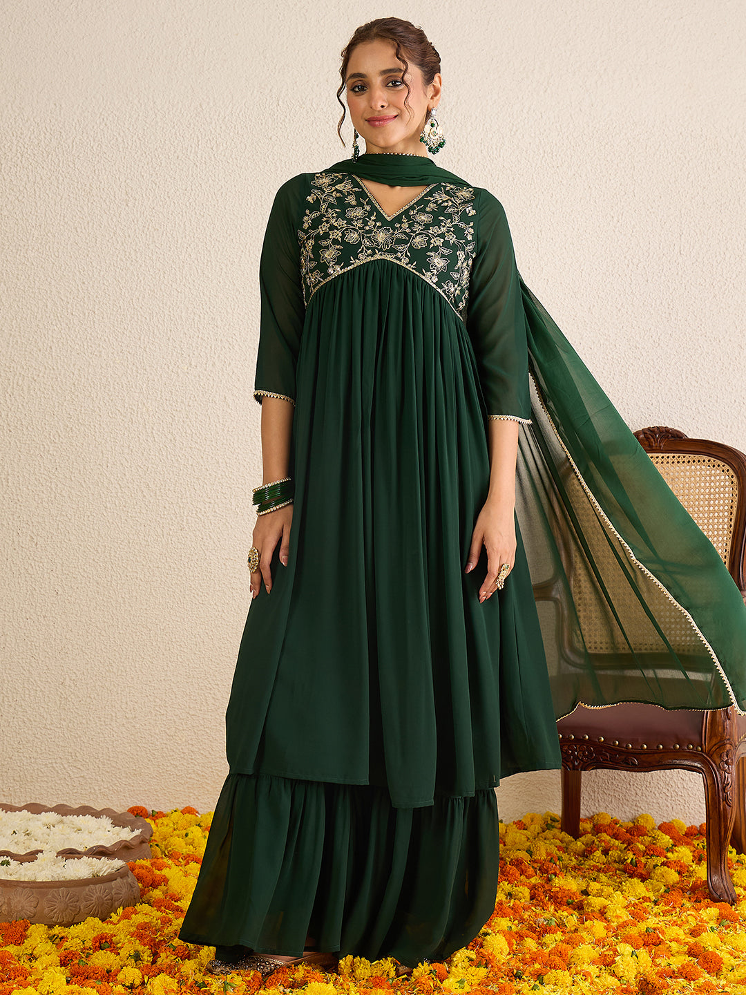 Janasya Women's Bottle Green Georgette Floral Zari Yoke Embroidered A-Line Kurta Set