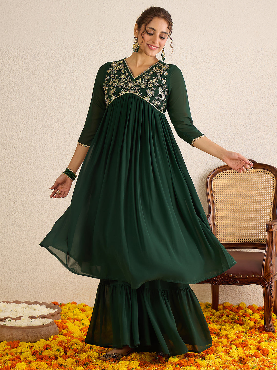 Janasya Women's Bottle Green Georgette Floral Zari Yoke Embroidered A-Line Kurta Set