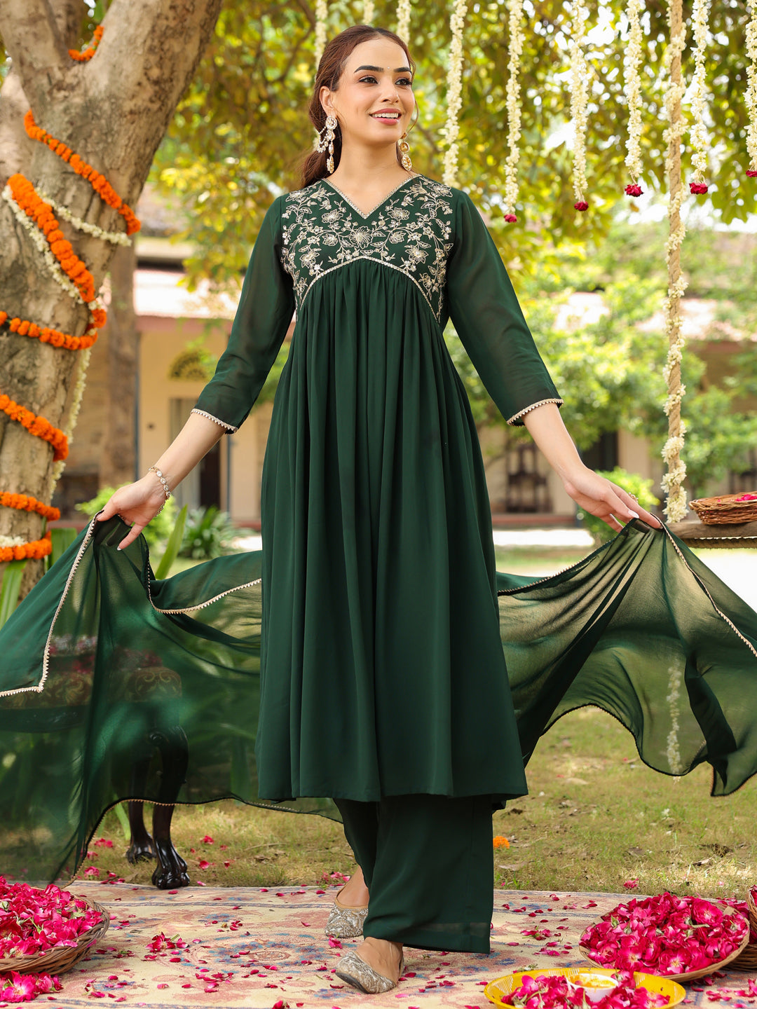 Janasya Women's Bottle Green Georgette Zari Yoke Embroidered A-line Kurta Set