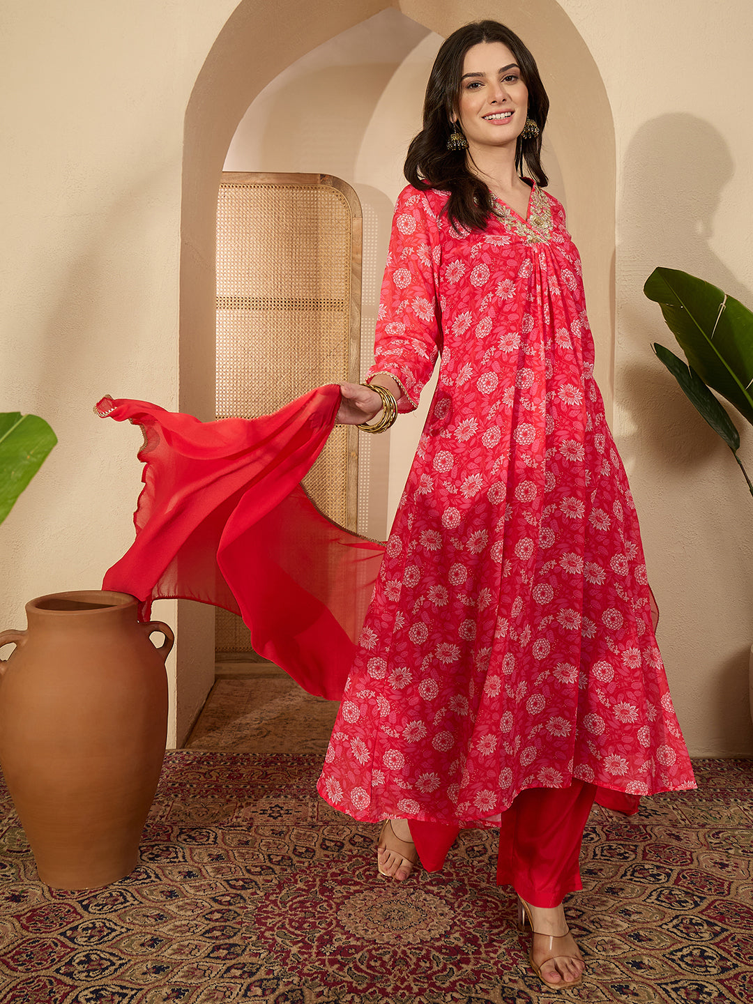 Janasya Women's Red Georgette Floral Embroidered A-Line Kurta Set