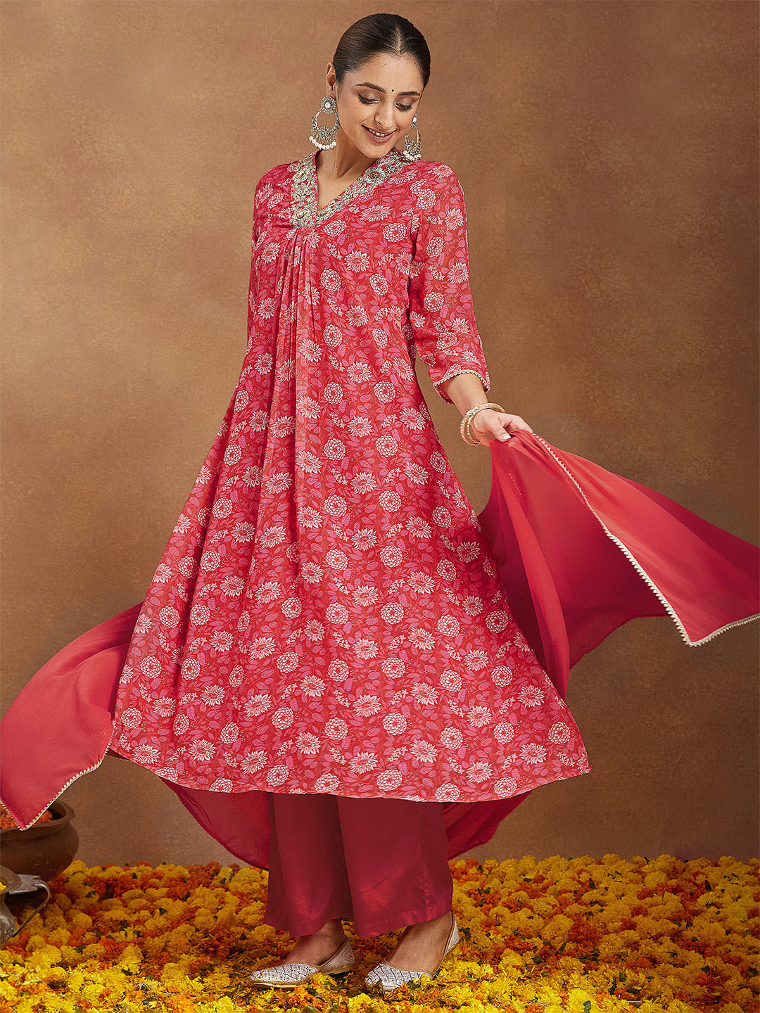 Janasya Women's Red Georgette Embellished Floral Printed A-line Kurta Set