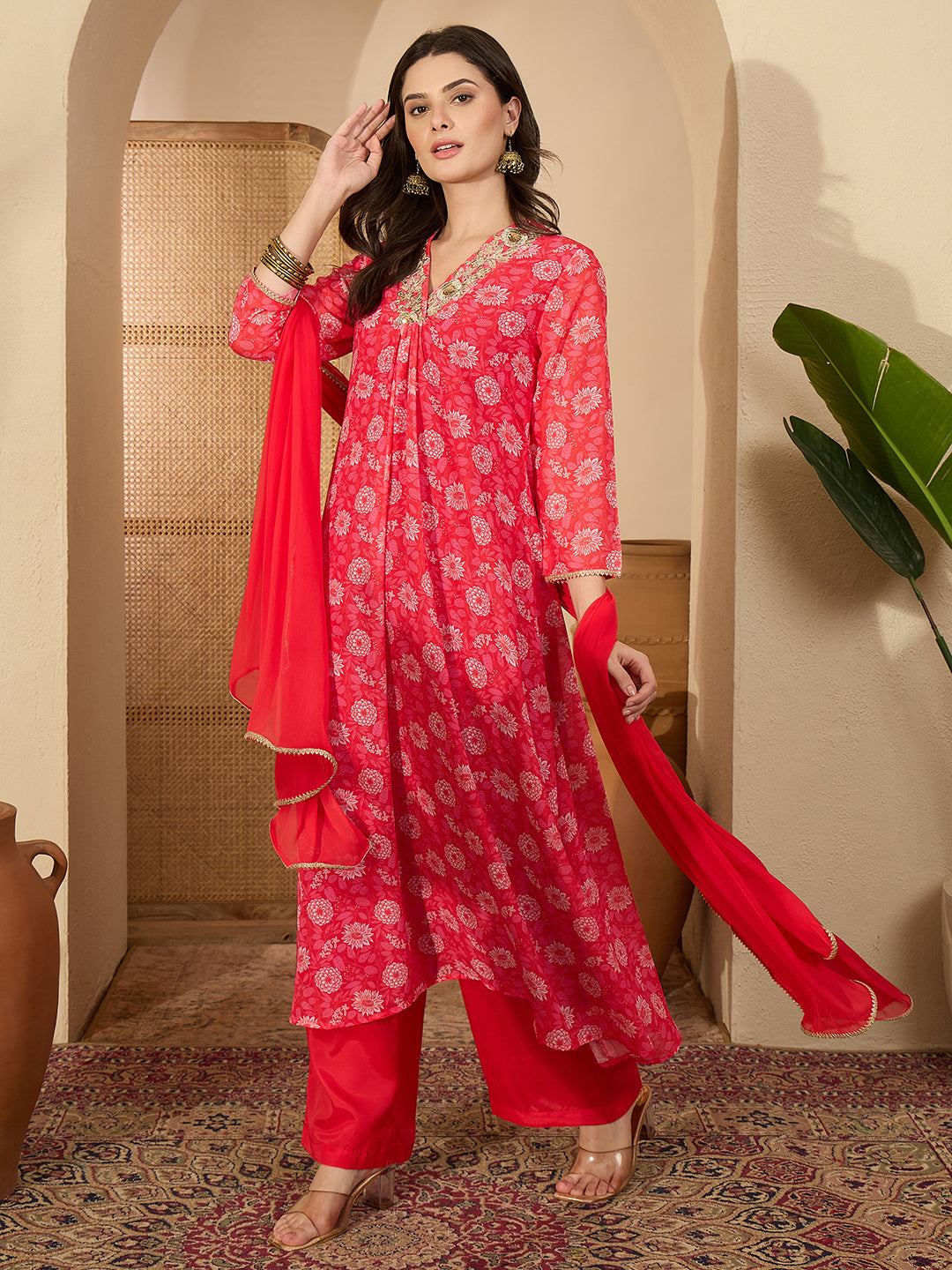 Janasya Women's Red Georgette Floral Embroidered A-Line Kurta Set