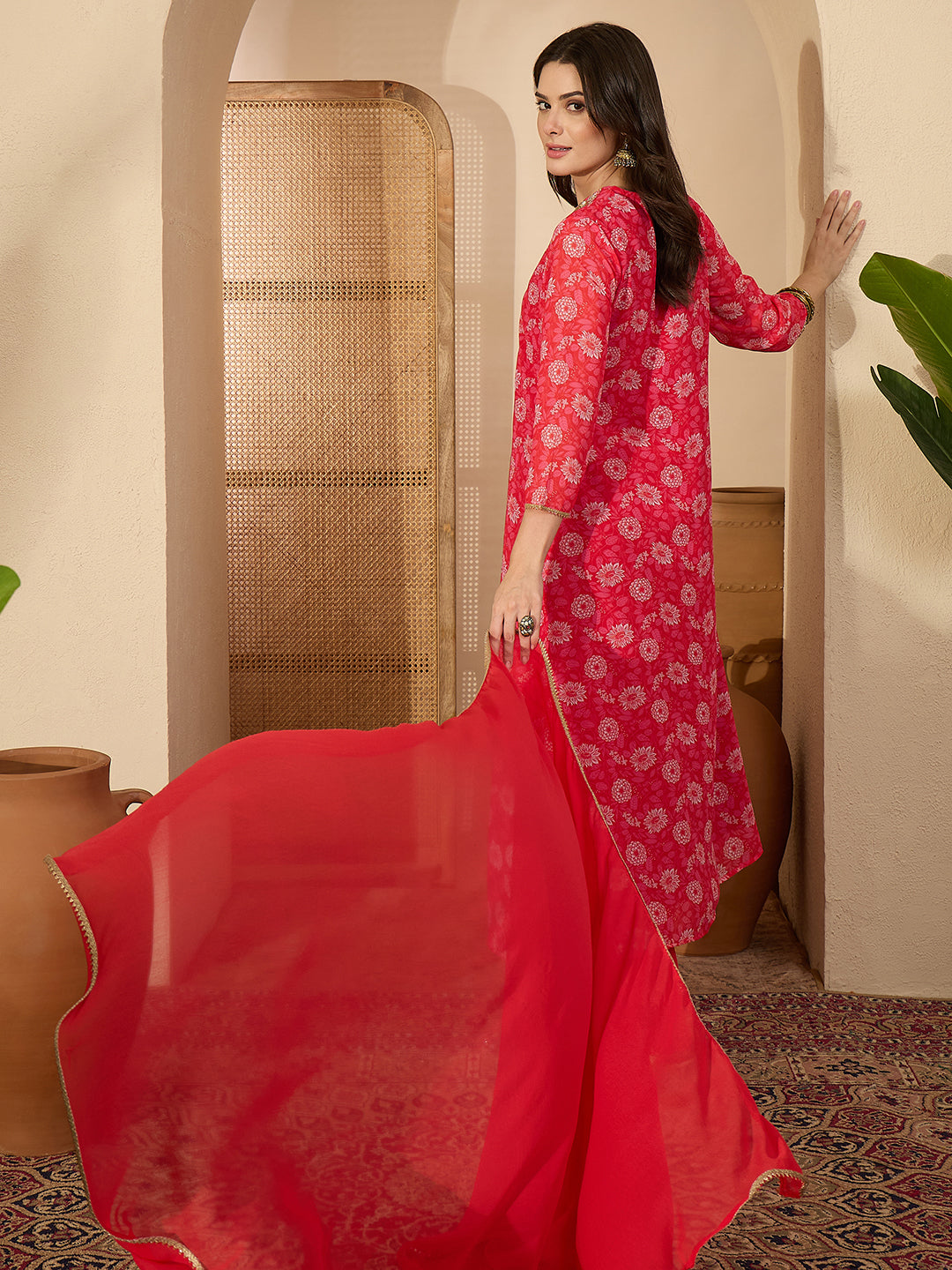Janasya Women's Red Georgette Floral Embroidered A-Line Kurta Set