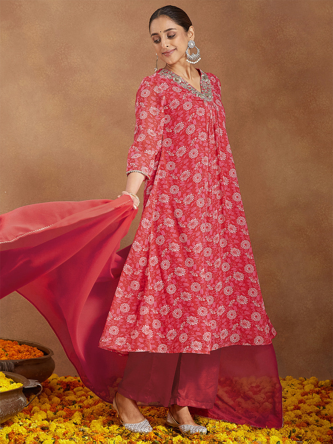 Janasya Women's Red Georgette Embellished Floral Printed A-line Kurta Set