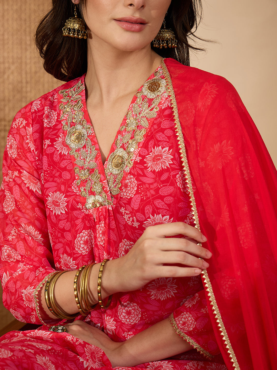 Janasya Women's Red Georgette Floral Embroidered A-Line Kurta Set