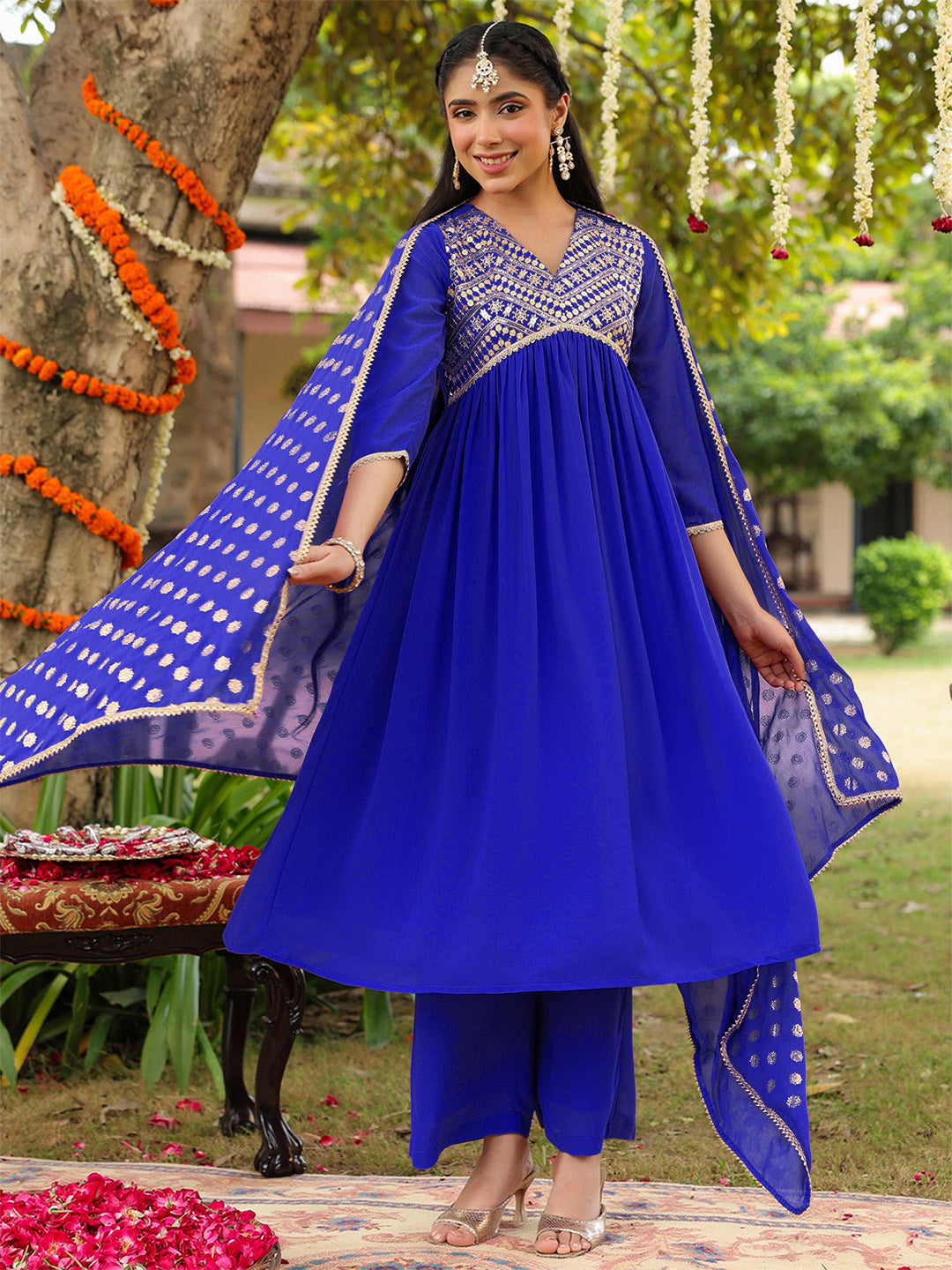 Janasya Women's Royal Blue Georgette Embellished A-line Kurta With Palazzo Dupatta Set